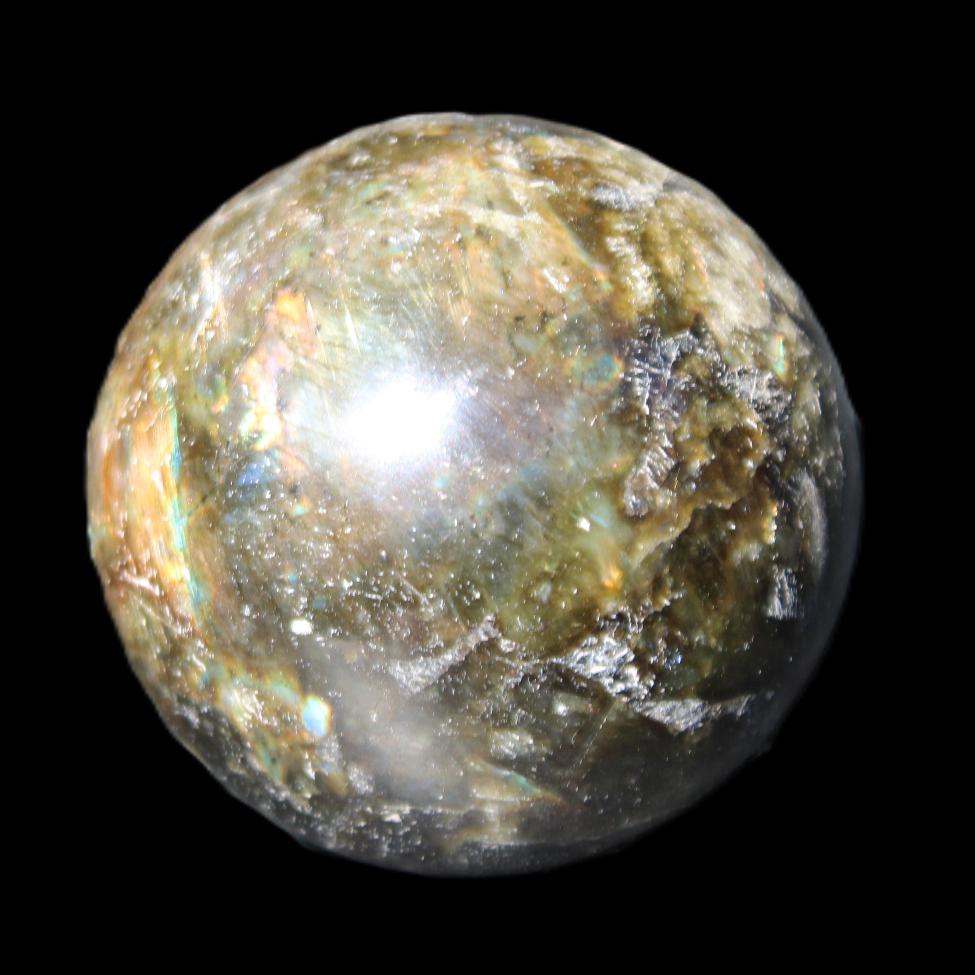 Labradorite sphere 61mm 424g in sunlight - Rocks and Things Store