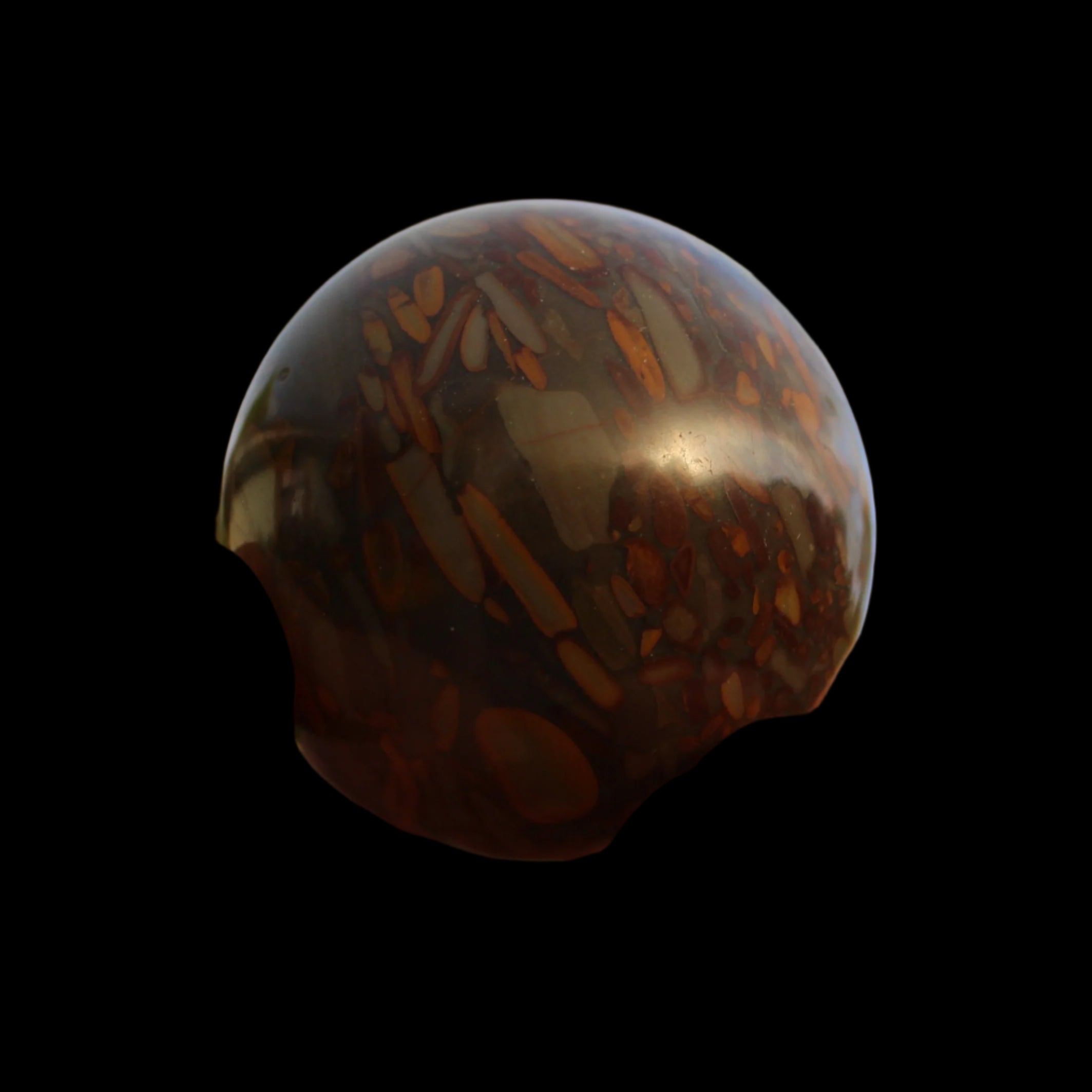 Bamboo Leaf Jasper sphere 175g in sunshine with shadows from holding fingers - Rocks and Things Store