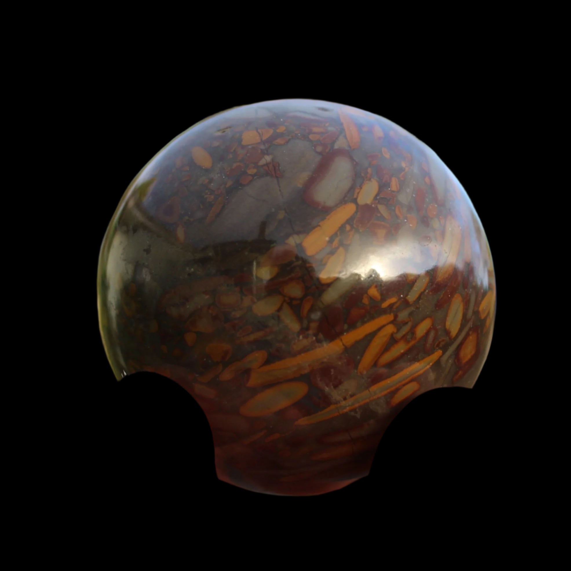 Bamboo Leaf Jasper sphere 175g in sunshine with shadows from holding fingers - Rocks and Things Store