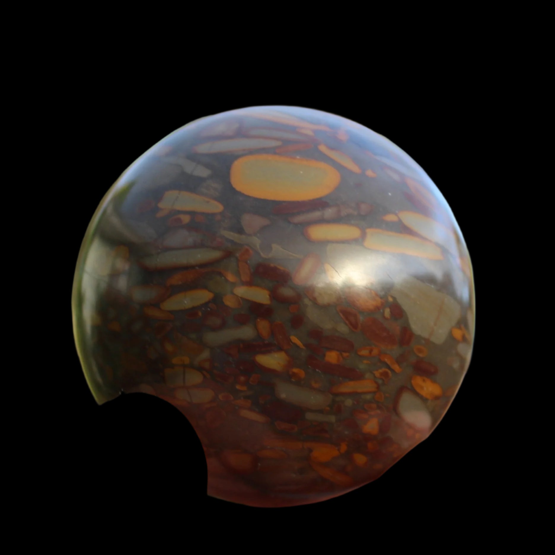 Bamboo Leaf Jasper sphere 175g in sunshine with shadows from holding fingers - Rocks and Things Store