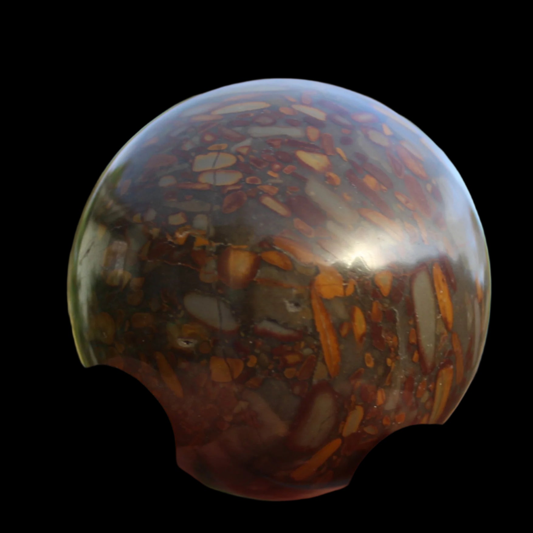 Bamboo Leaf Jasper sphere 175g in sunshine with shadows from holding fingers - Rocks and Things Store