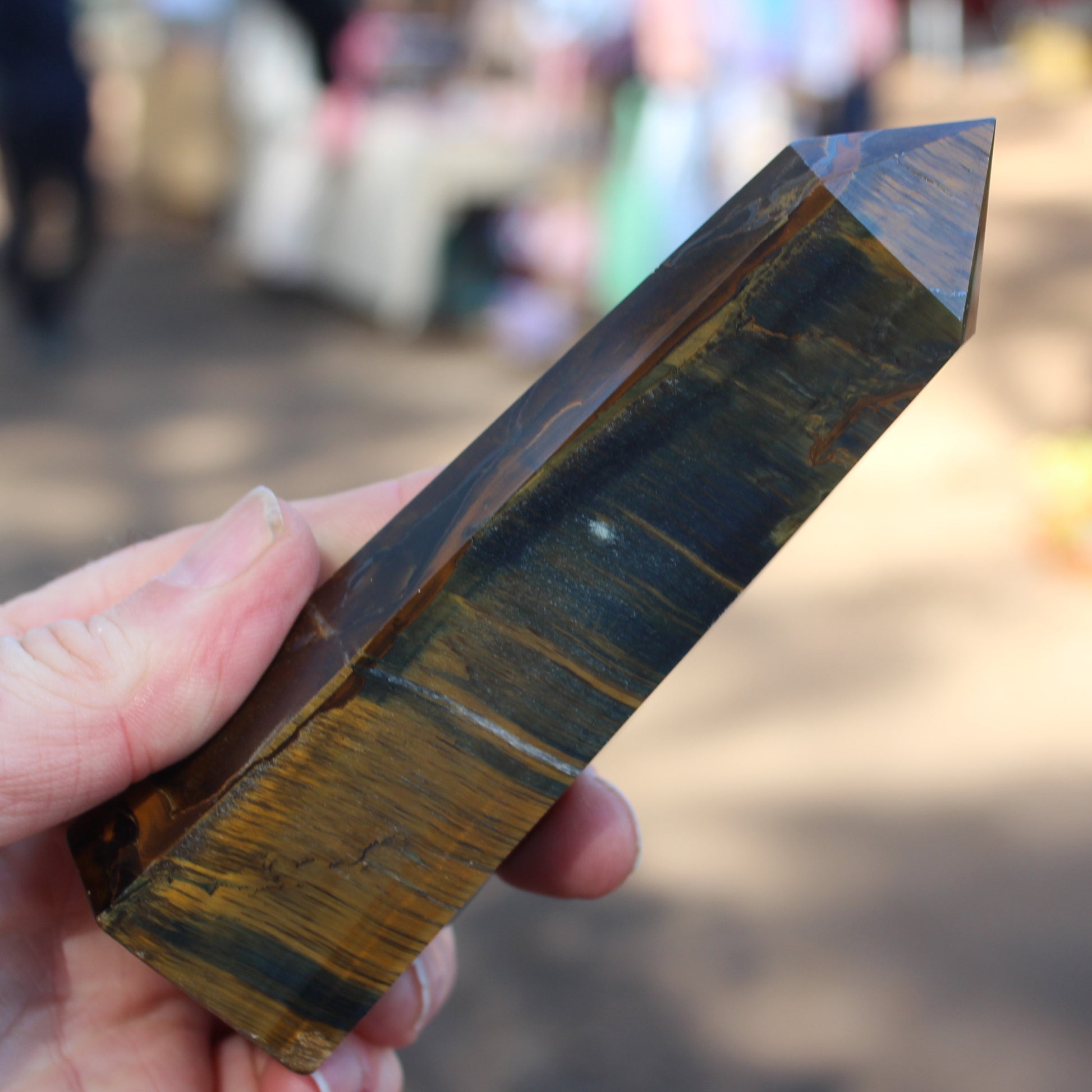 Golden with Blue Tigers Eye obelisk 290g Rocks and Things