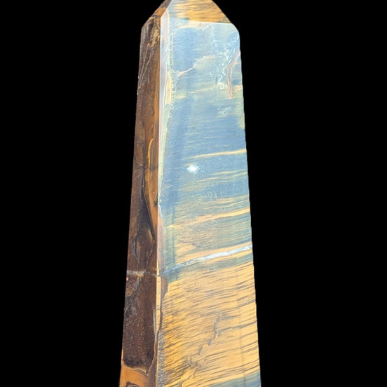 Golden with Blue Tigers Eye obelisk 290g in sunlight - Rocks and Things Store