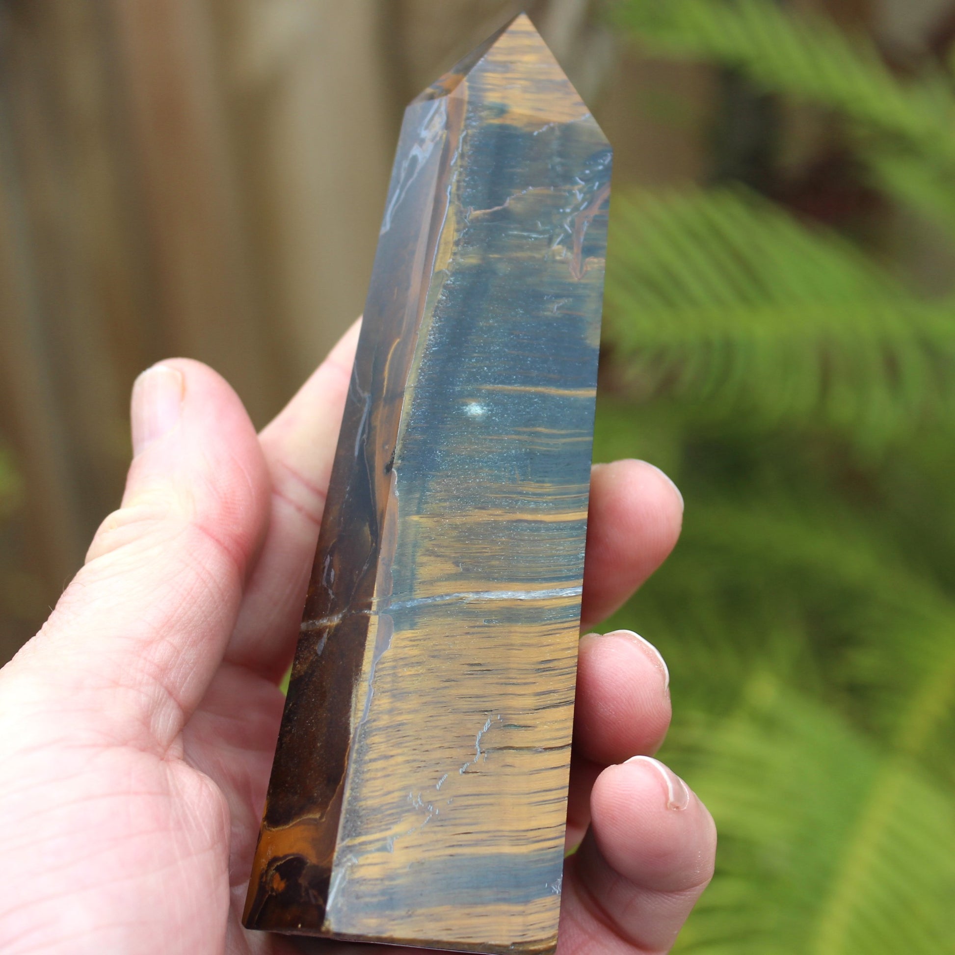 Golden with Blue Tigers Eye obelisk 290g Rocks and Things