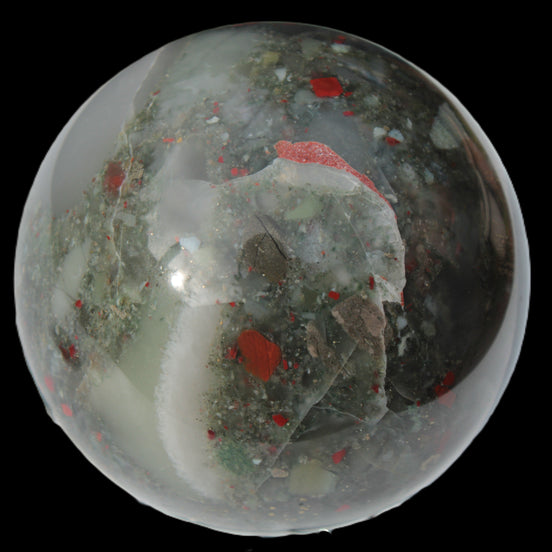 African Bloodstone sphere 84mm 831g in sunlight - Rocks and Things Store