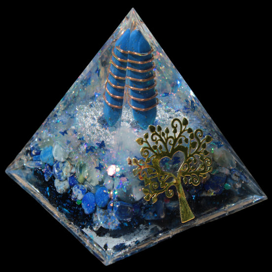 Orgone pyramid blue 112g in sunlight - Rocks and Things Store