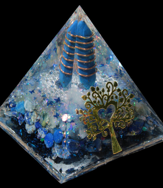 Orgone pyramid blue 112g in sunlight - Rocks and Things Store