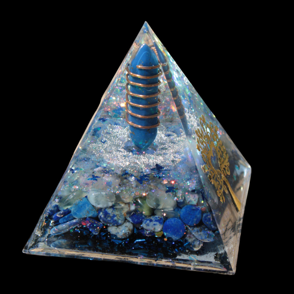 Orgone pyramid blue 112g in sunlight - Rocks and Things Store