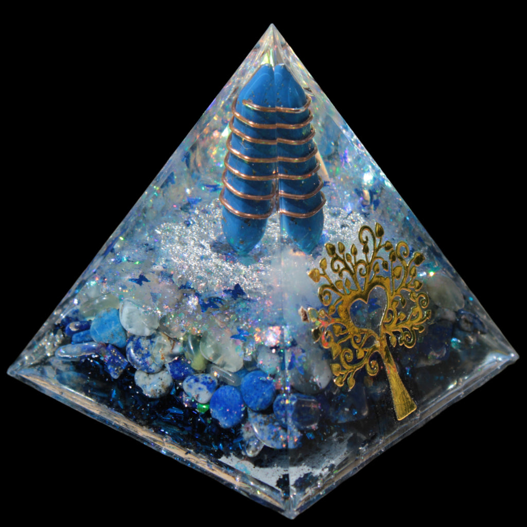 Orgone pyramid blue 112g in sunlight - Rocks and Things Store