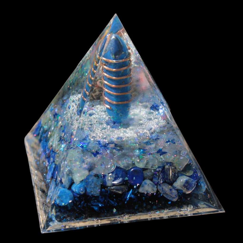 Orgone pyramid blue 112g in sunlight - Rocks and Things Store