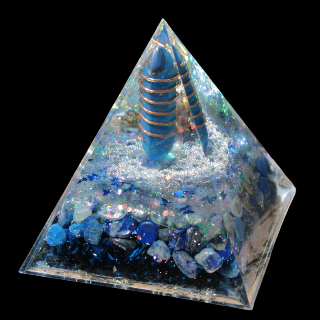 Orgone pyramid blue 112g in sunlight - Rocks and Things Store