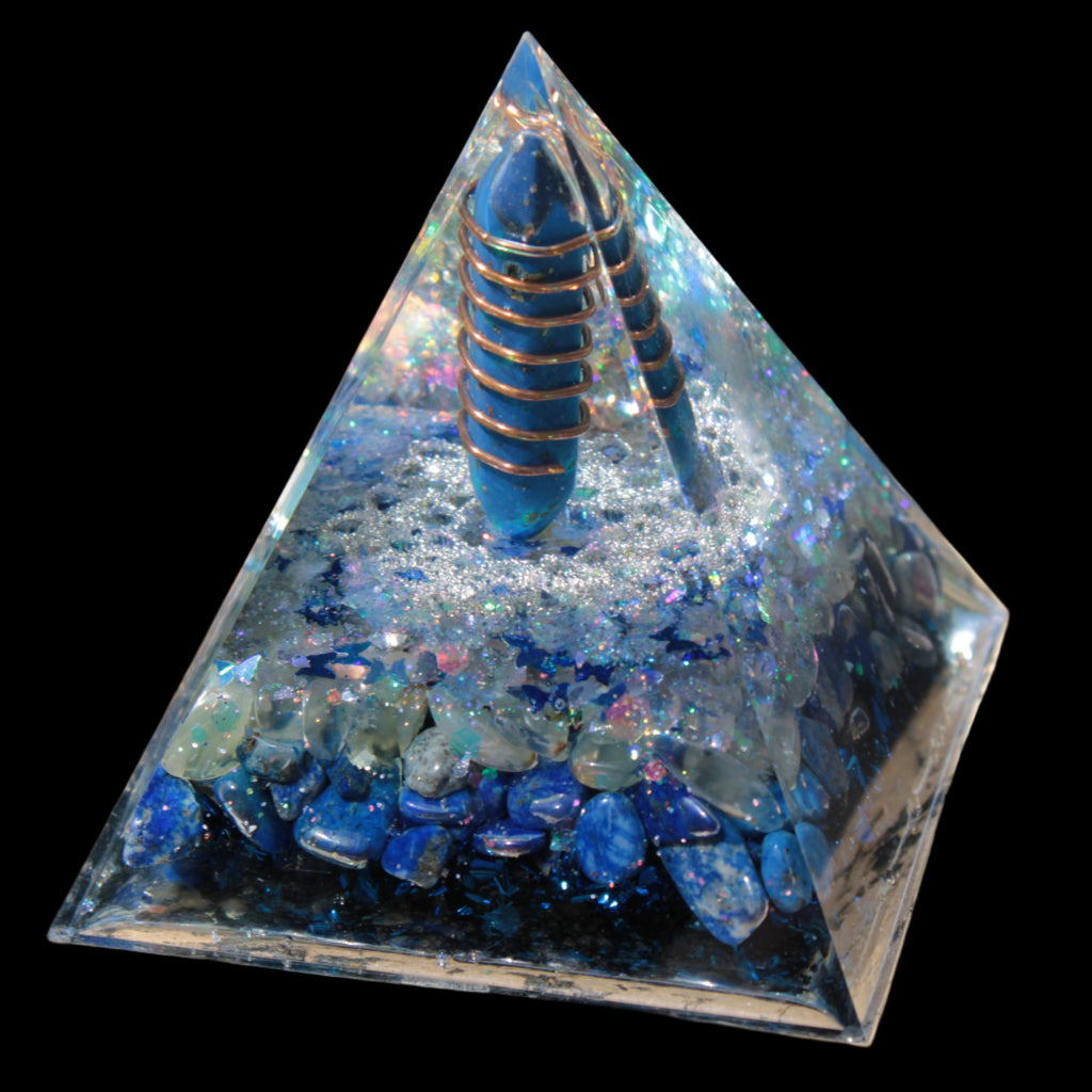 Orgone pyramid blue 112g in sunlight - Rocks and Things Store