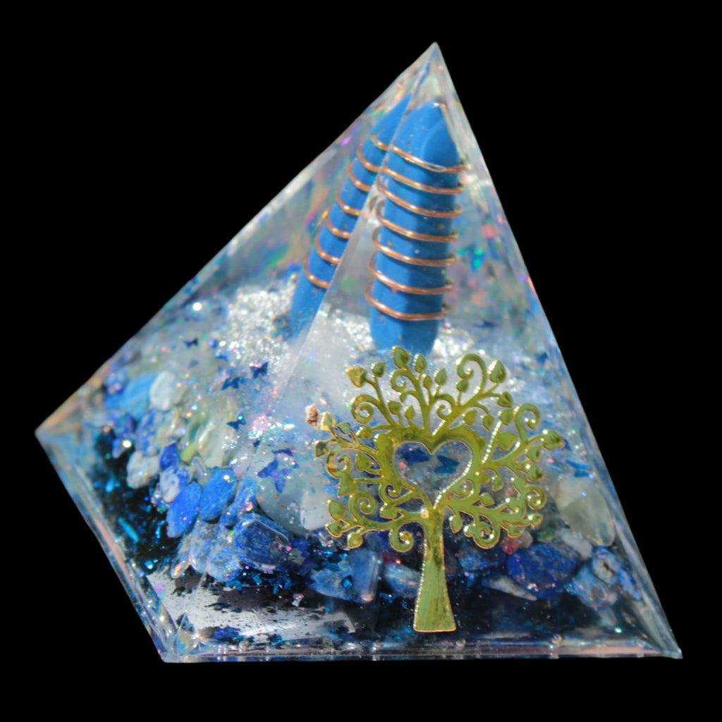 Orgone pyramid blue 112g in sunlight - Rocks and Things Store