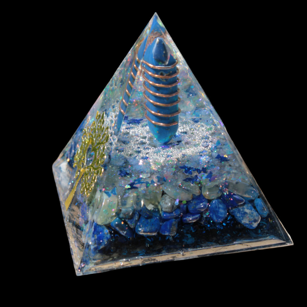 Orgone pyramid blue 112g in sunlight - Rocks and Things Store