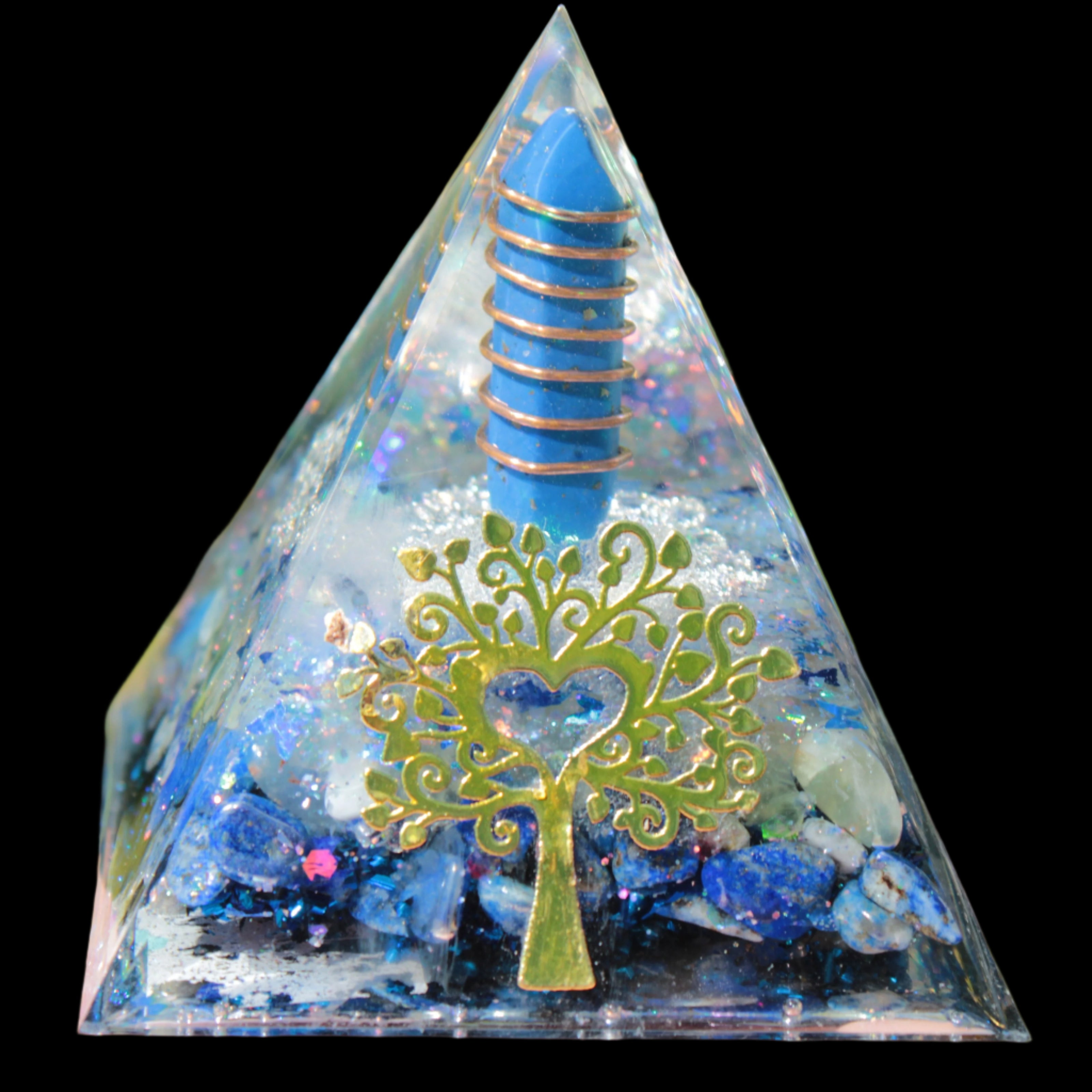 Orgone pyramid blue 112g in sunlight - Rocks and Things Store