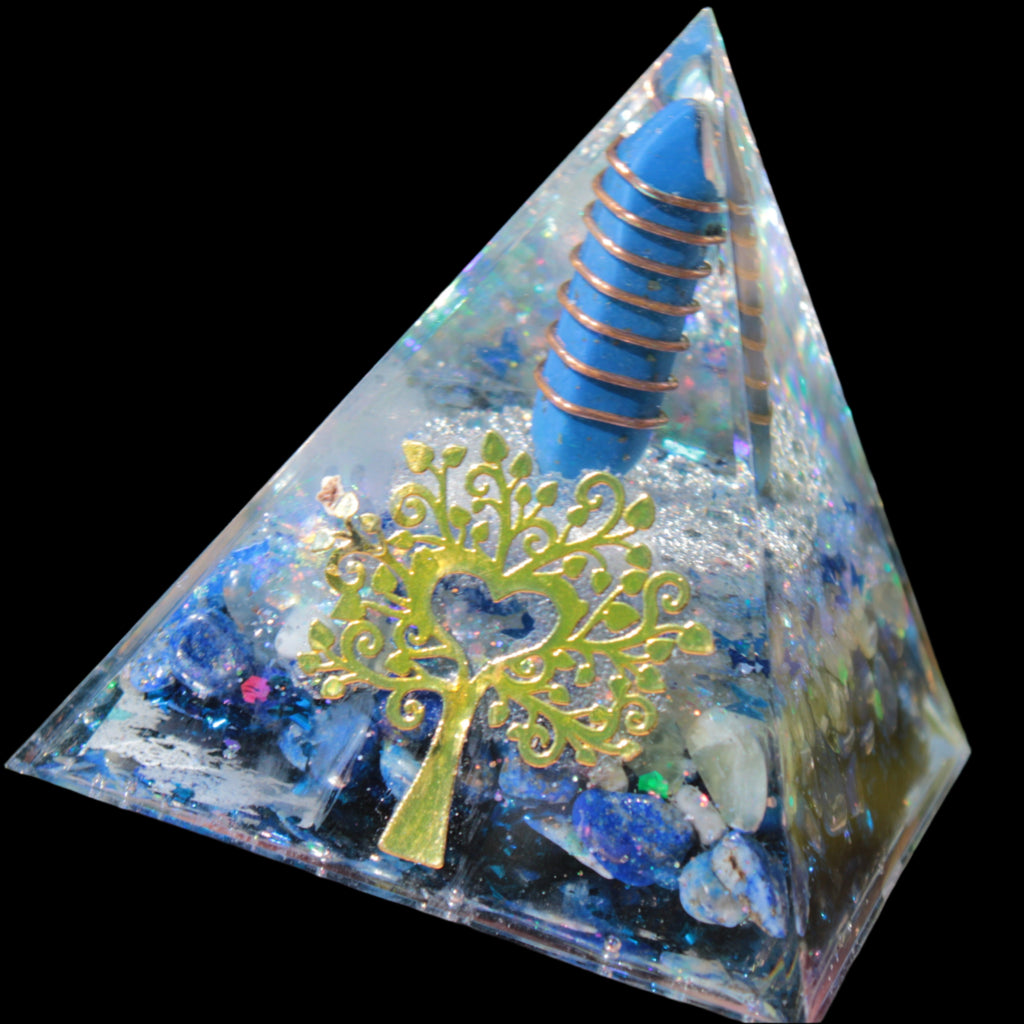 Orgone pyramid blue 112g in sunlight - Rocks and Things Store