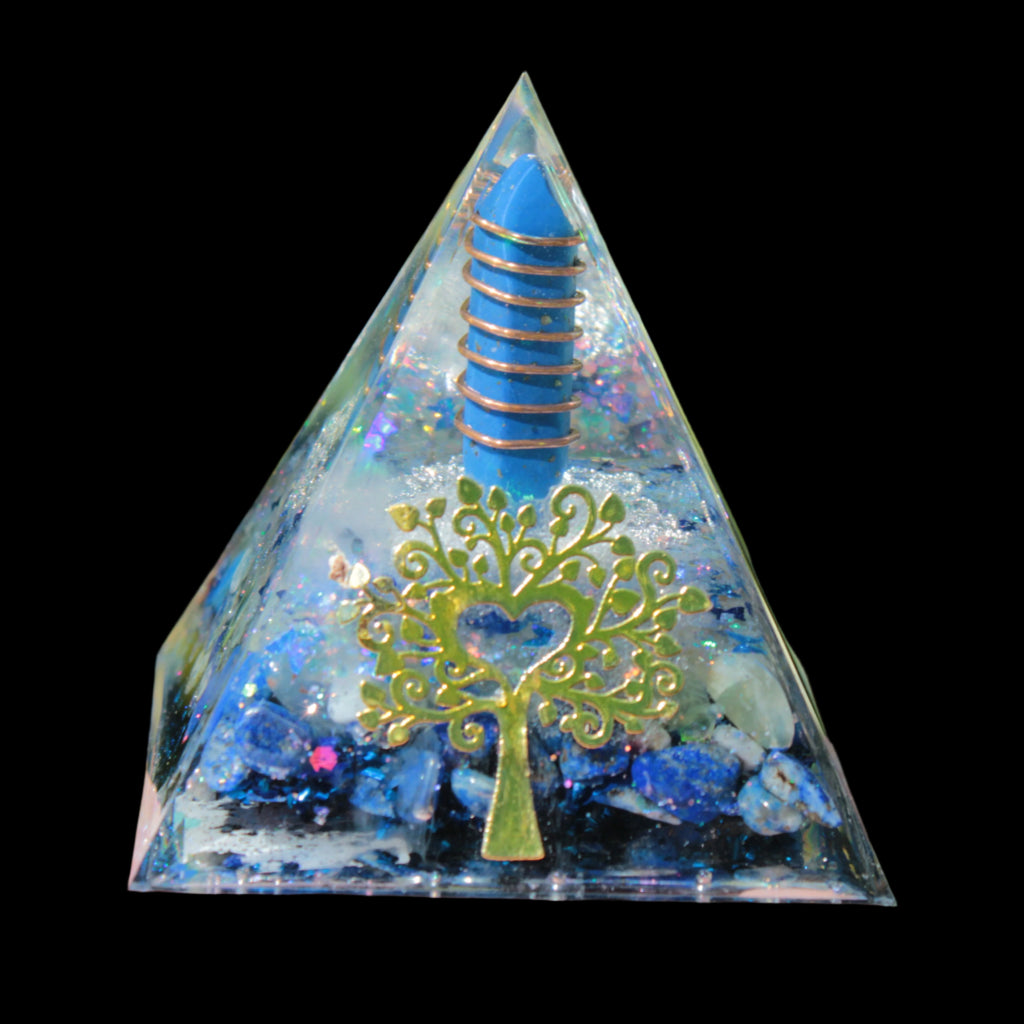 Orgone pyramid blue 112g in sunlight - Rocks and Things Store