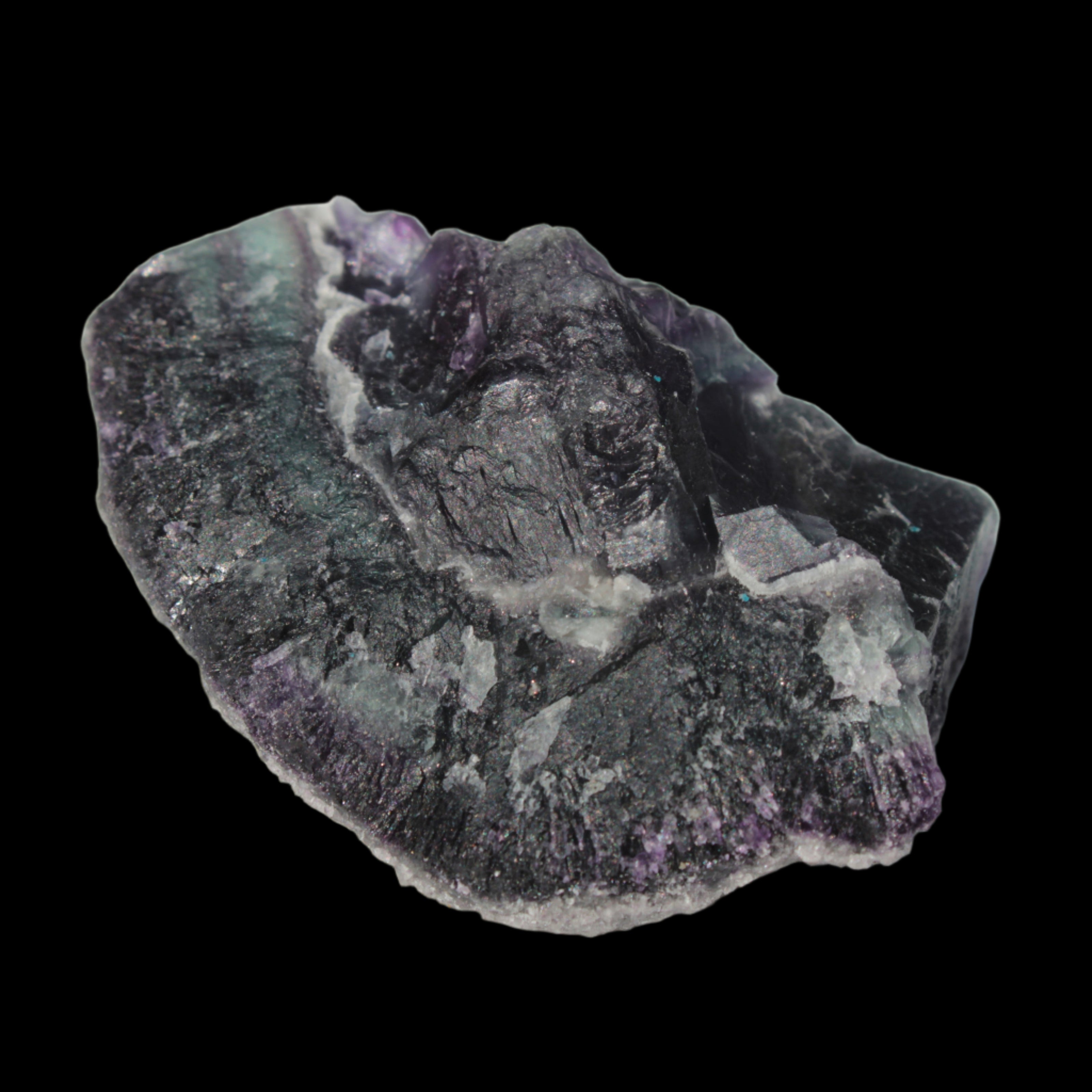 Dark Violet and Rainbow Fluorite geode section 55.9g in sunlight - Rocks and Things Store