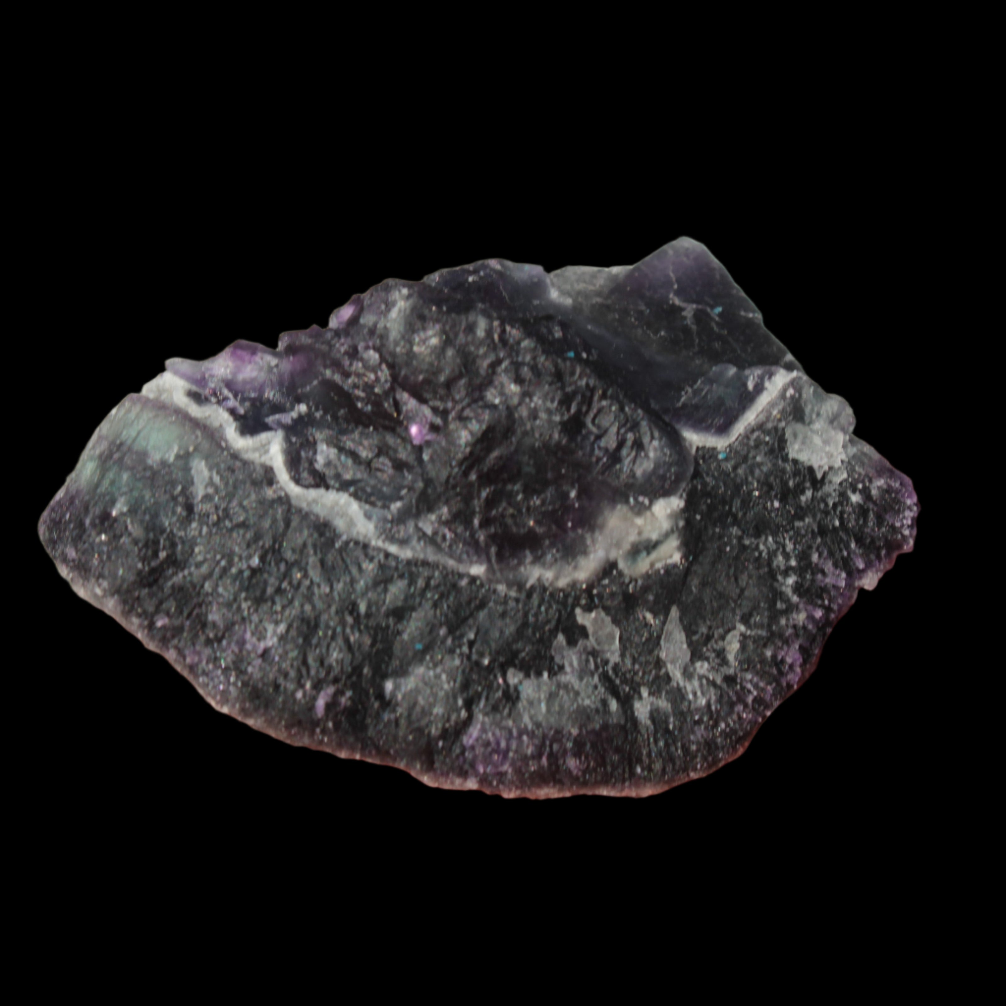 Dark Violet and Rainbow Fluorite geode section 55.9g in sunlight - Rocks and Things Store