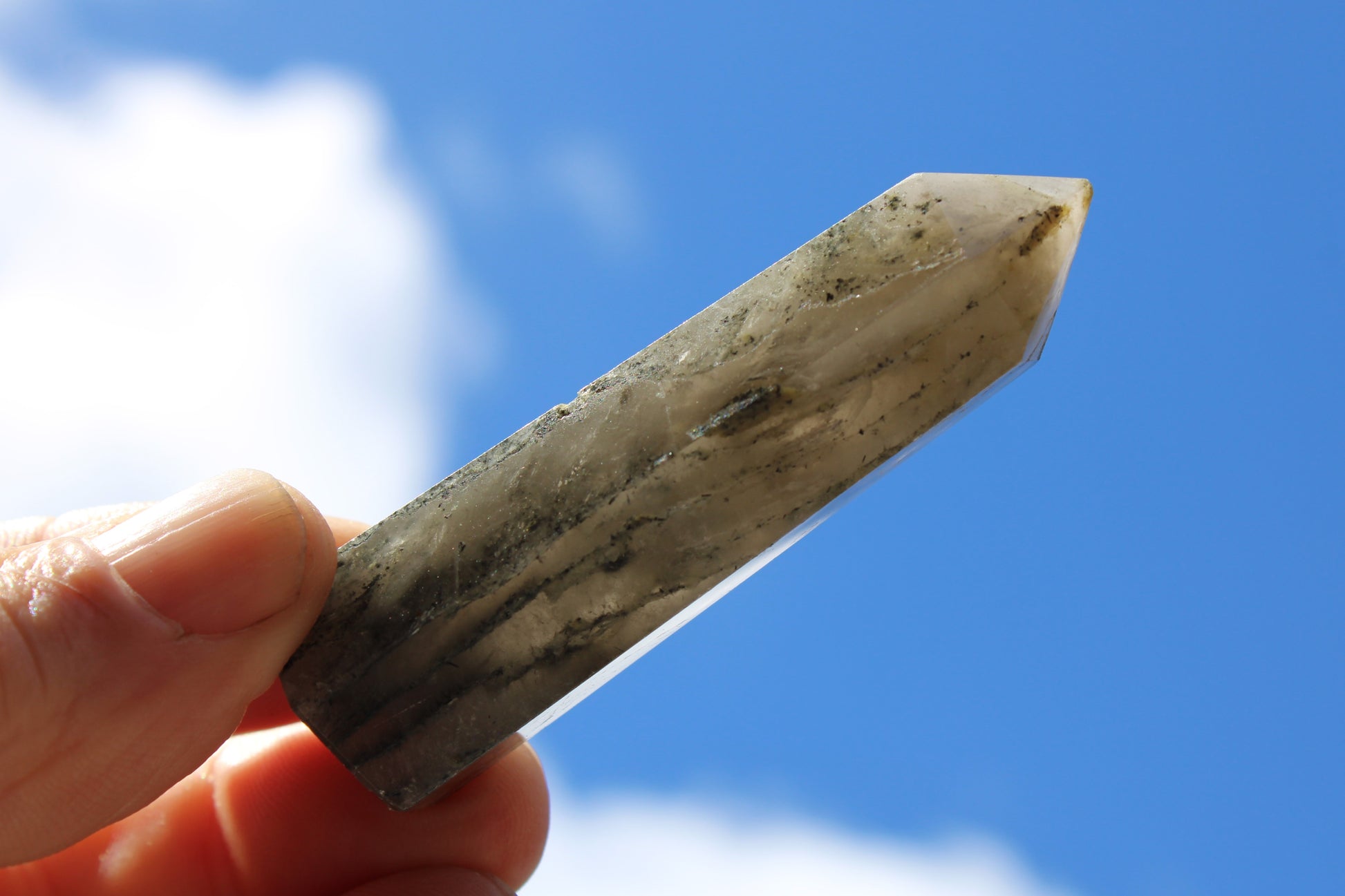 Green hair ghost Smoky Quartz wand 37g Rocks and Things