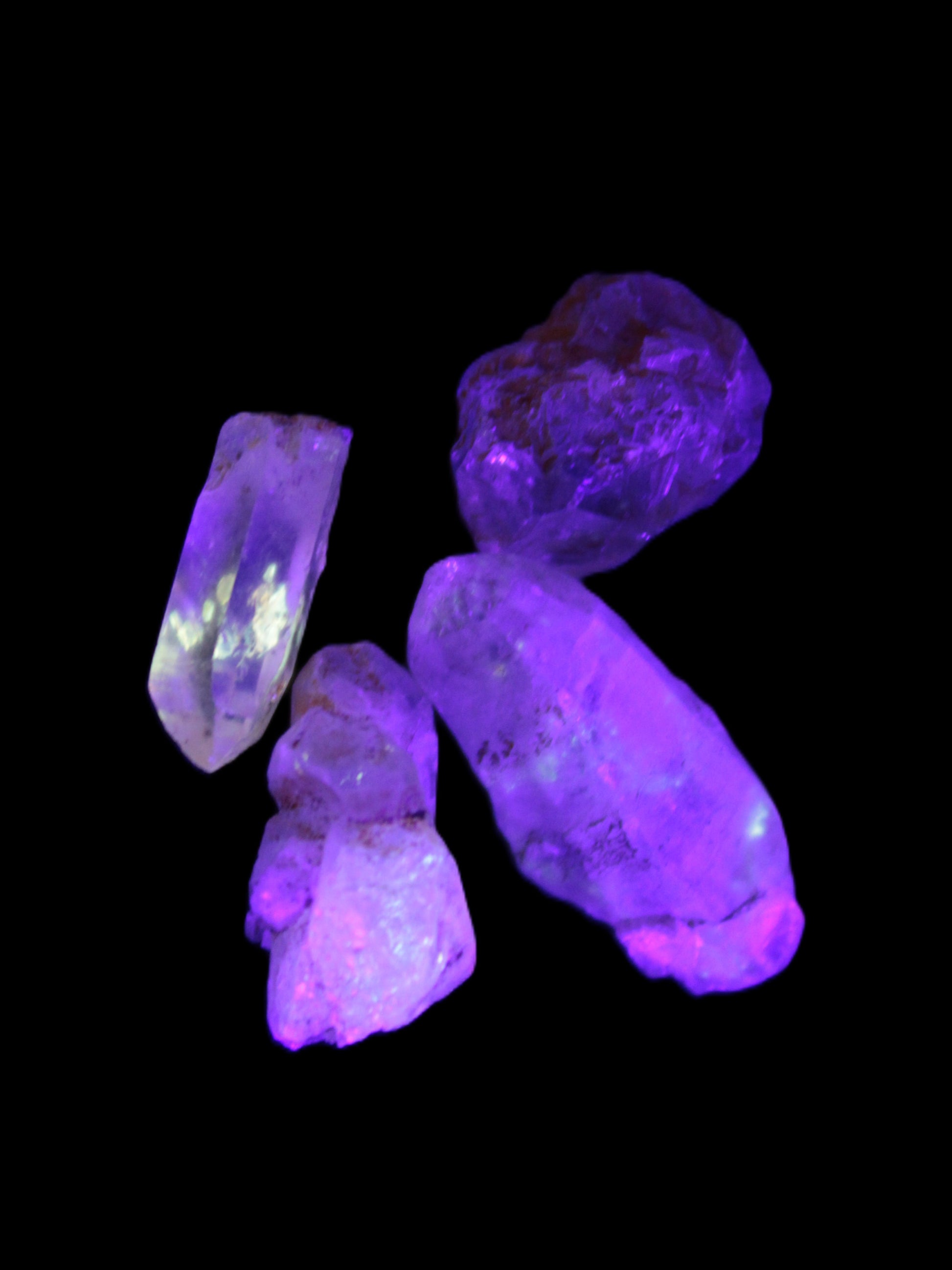 Fenster Quartz with fluorescence 4/5 crystals 5-8g in UV light