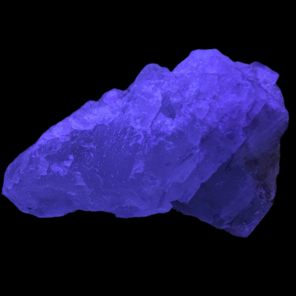 Clear Fluorite crystal 340g in UV light - Rocks and Things Store
