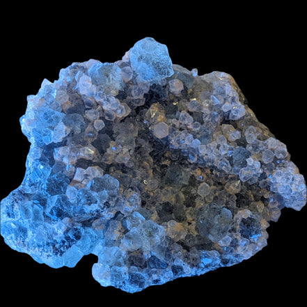 Fluorite green and yellow cubic crystal cluster 110g in LED & UV light - Rocks and Things Store