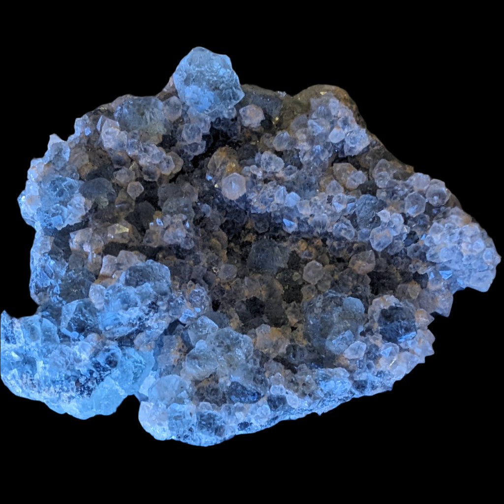 Fluorite green and yellow cubic crystal cluster 110g in LED & UV light - Rocks and Things Store