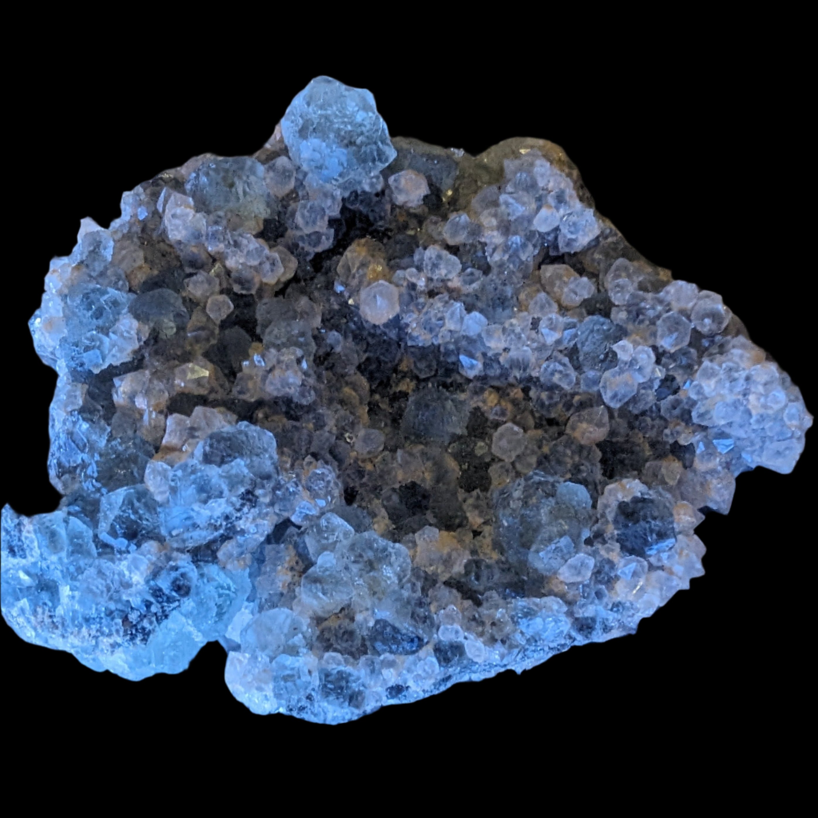 Fluorite green and yellow cubic crystal cluster 110g in LED & UV light - Rocks and Things Store