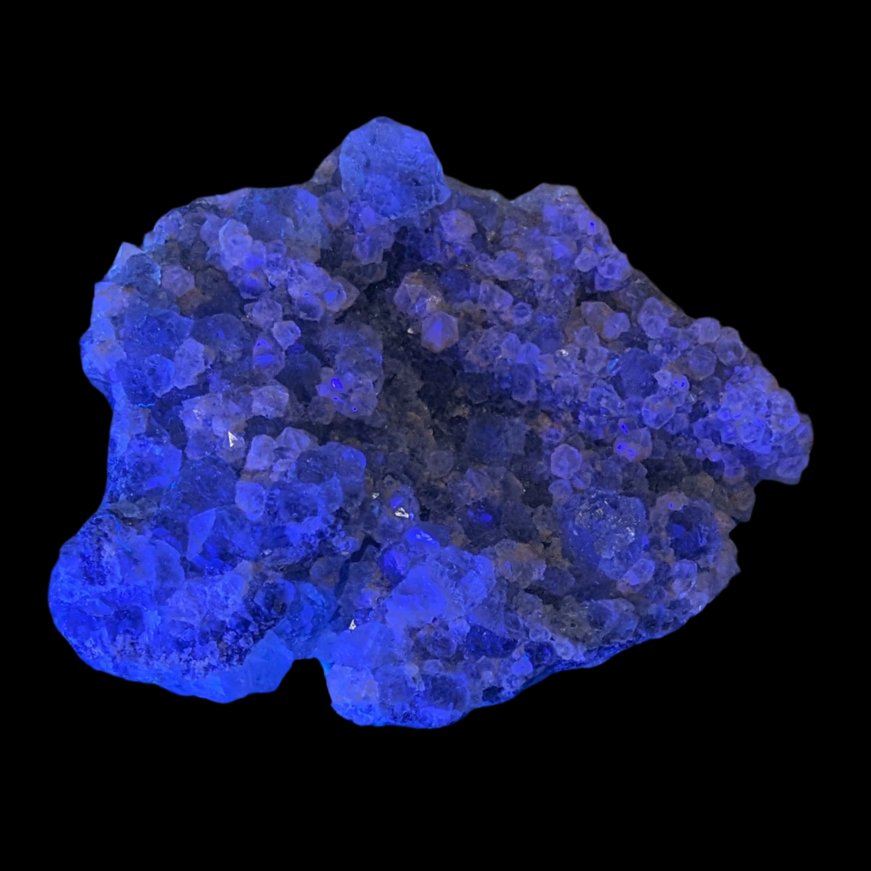 Fluorite green and yellow cubic crystal cluster 110g in UV light - Rocks and Things Store