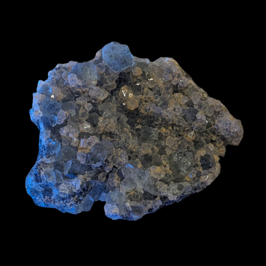 Fluorite green and yellow cubic crystal cluster 110g in LED & UV light - Rocks and Things Store