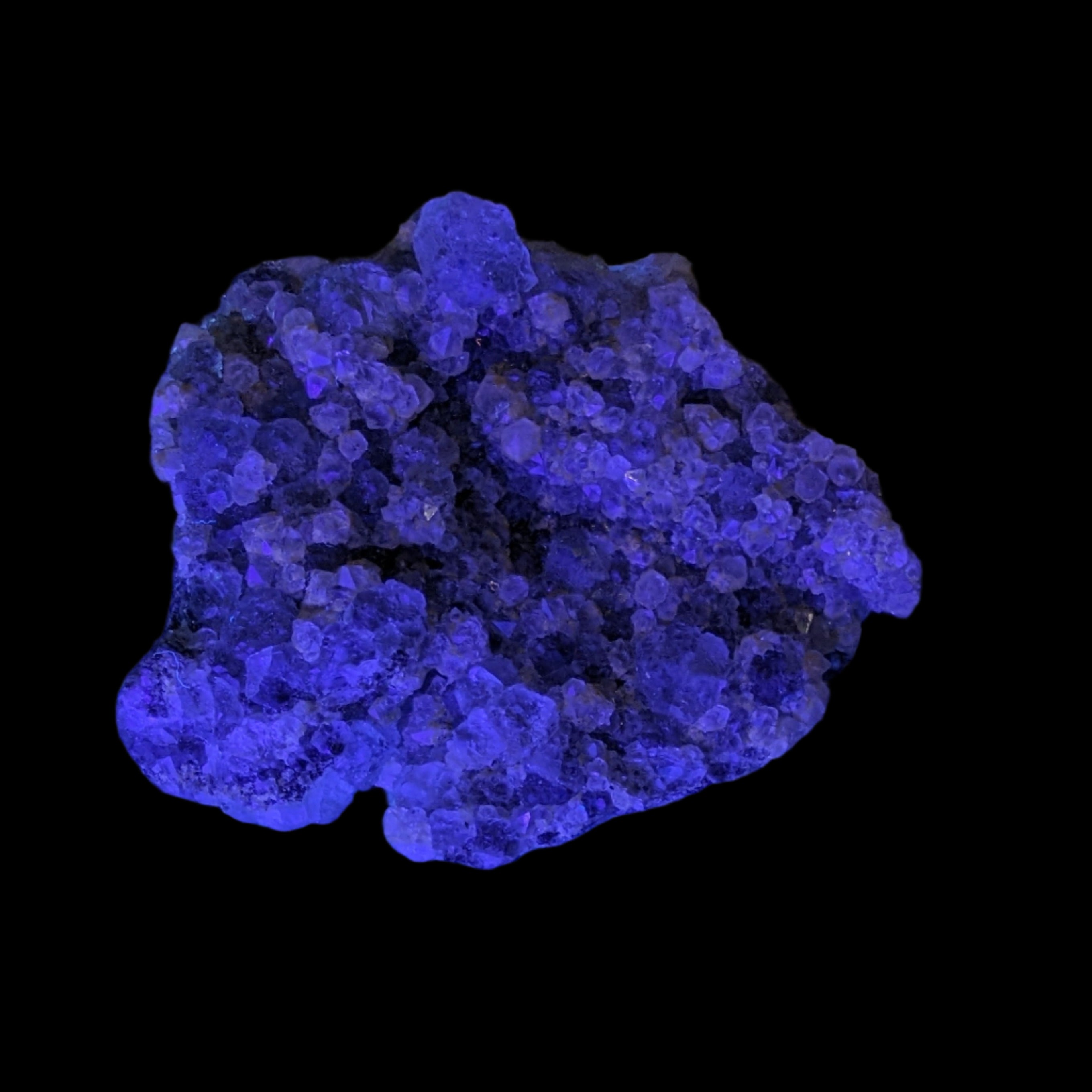 Fluorite green and yellow cubic crystal cluster 110g in UV light - Rocks and Things Store