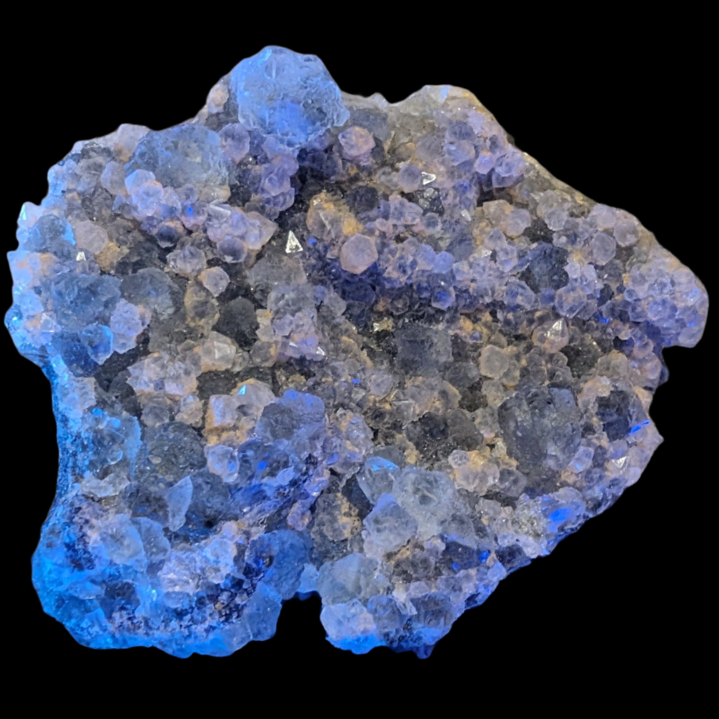 Fluorite green and yellow cubic crystal cluster 110g in LED & UV light - Rocks and Things Store