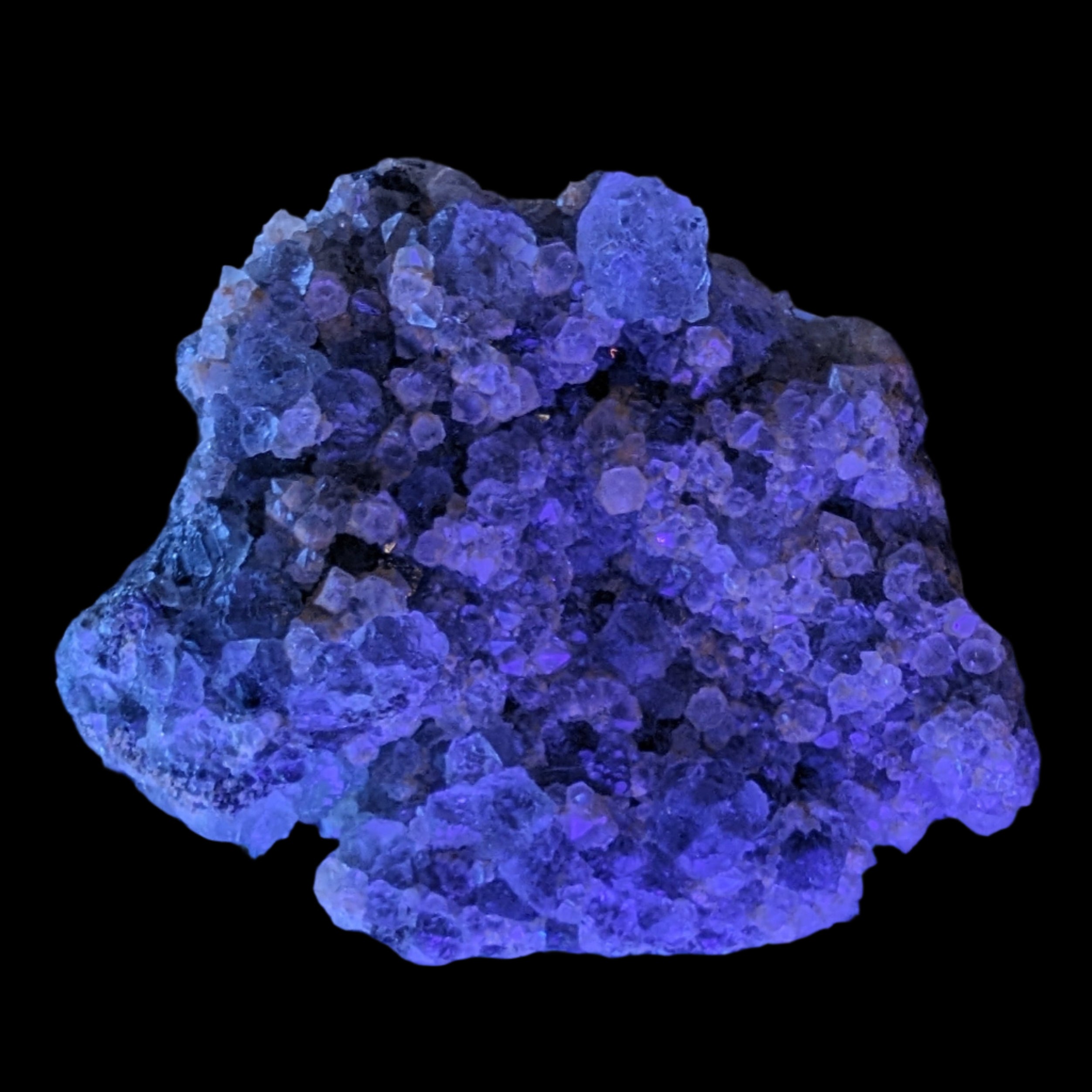 Fluorite green and yellow cubic crystal cluster 110g in UV light - Rocks and Things Store