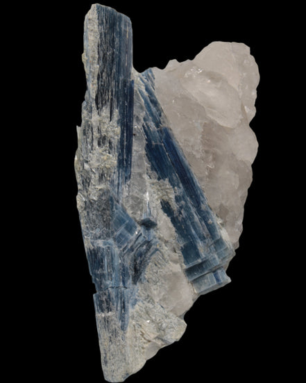 Kyanite blade cluster on clear Quartz 315g in sunlight - Rocks and Things Store