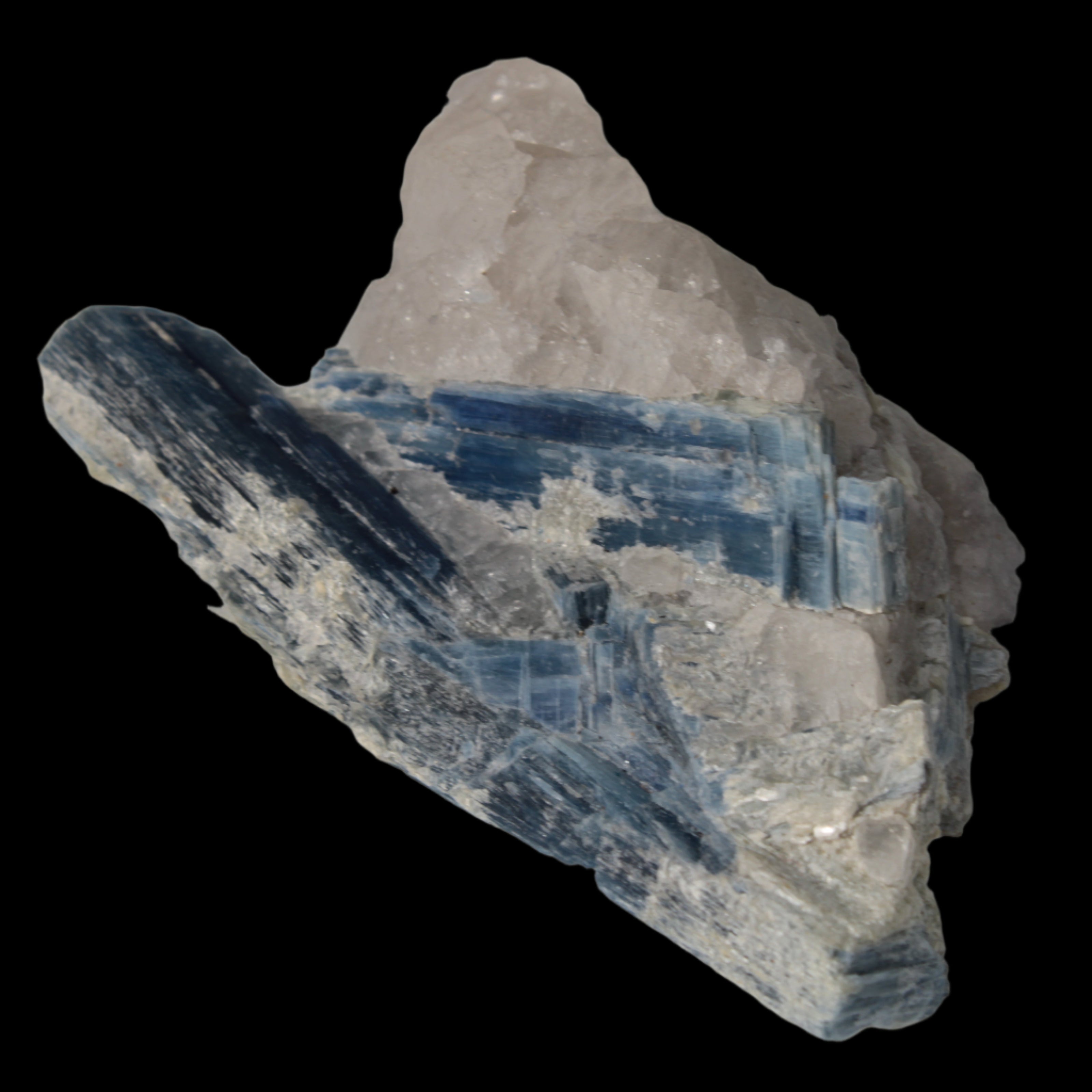 Kyanite blade cluster on clear Quartz 315g in sunlight - Rocks and Things Store