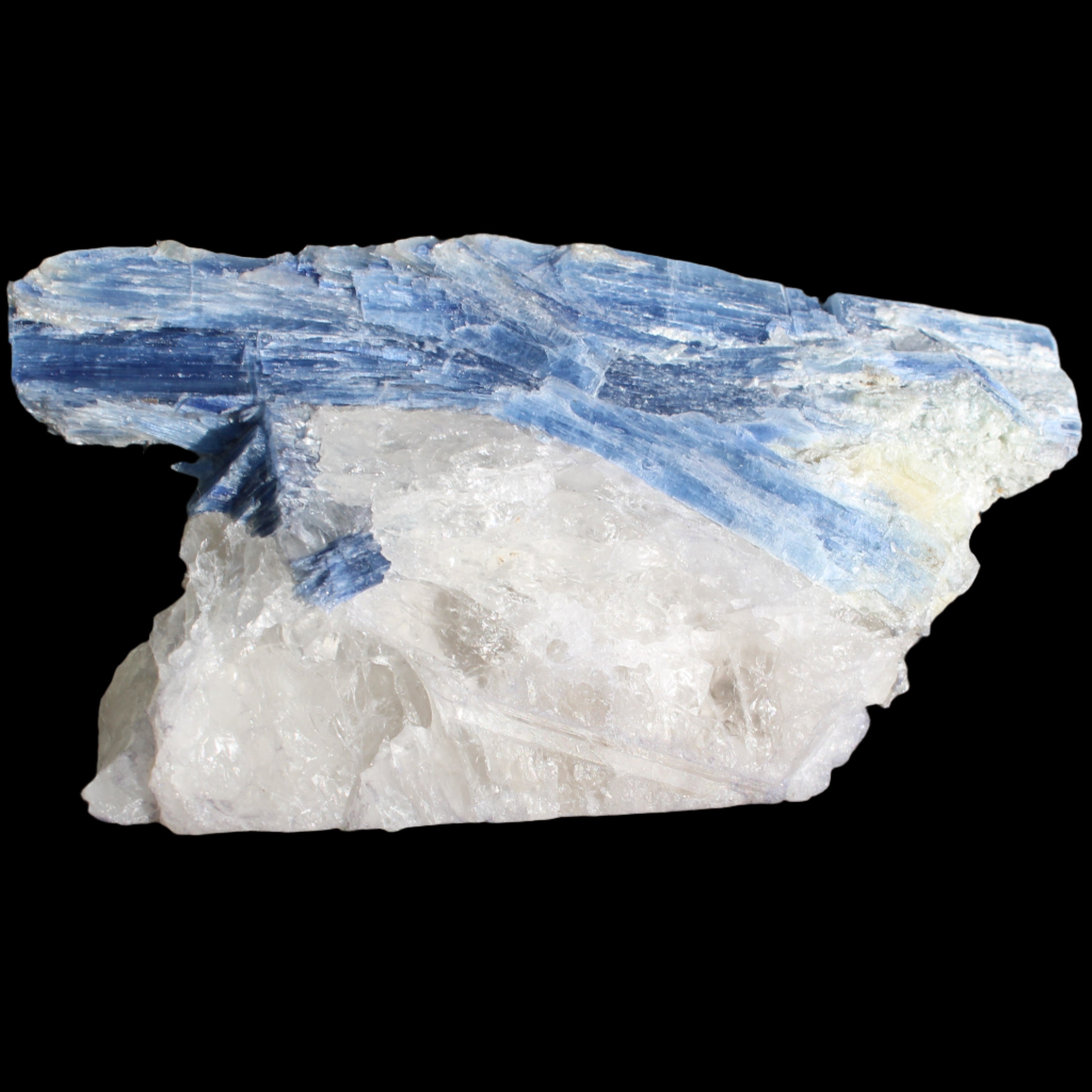 Kyanite blade cluster on clear Quartz 315g in sunlight - Rocks and Things Store