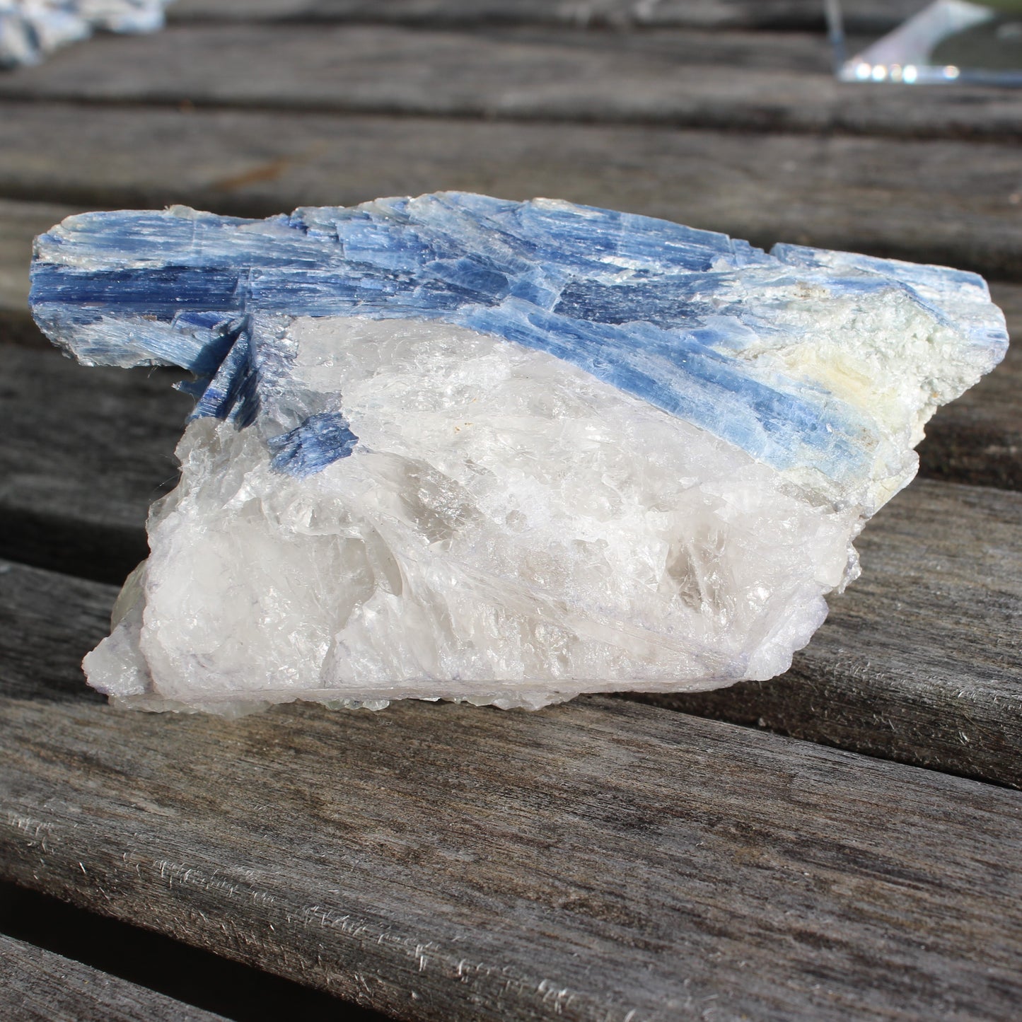 Kyanite blade cluster on clear Quartz 315g Rocks and Things