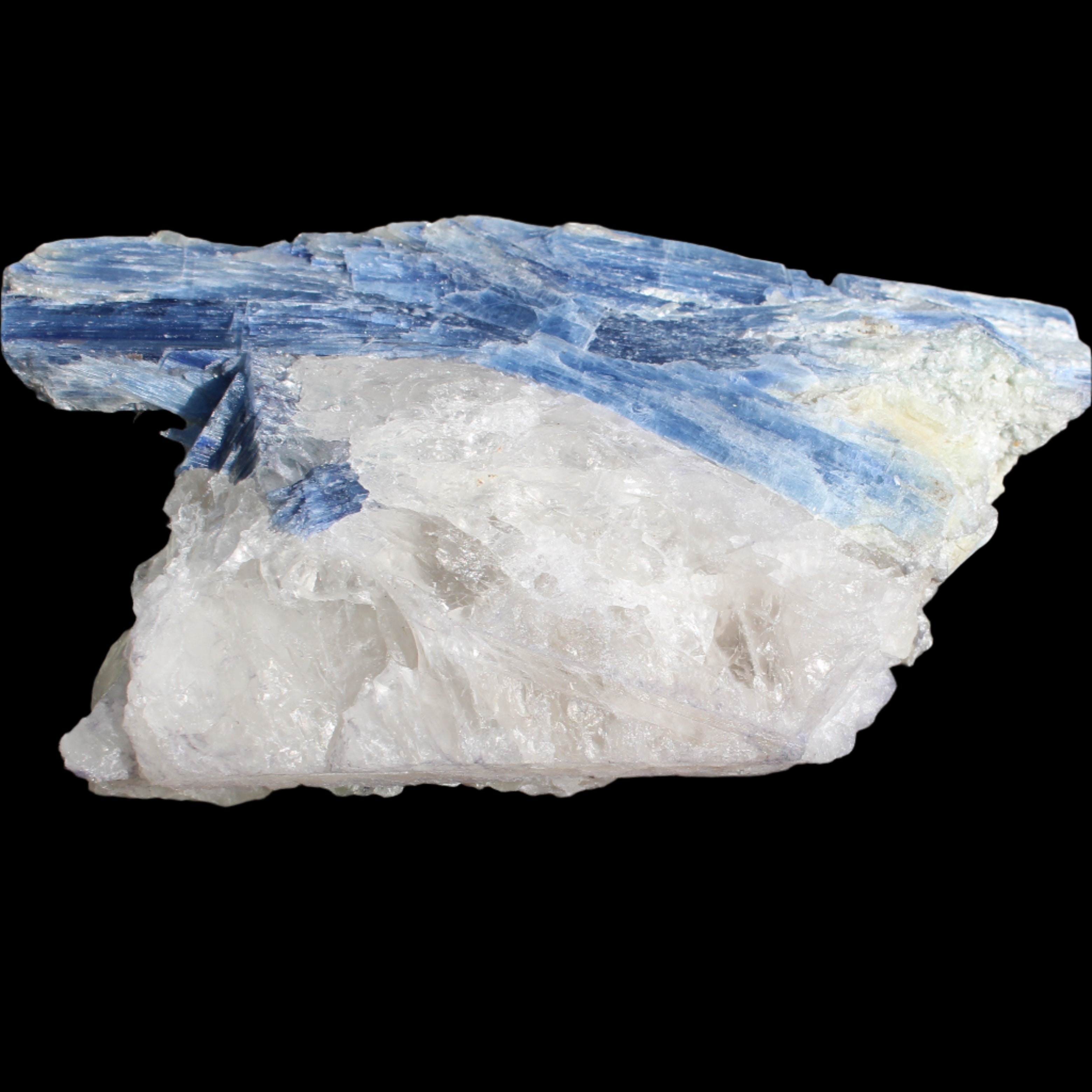 Kyanite blade cluster on clear Quartz 315g in sunlight - Rocks and Things Store