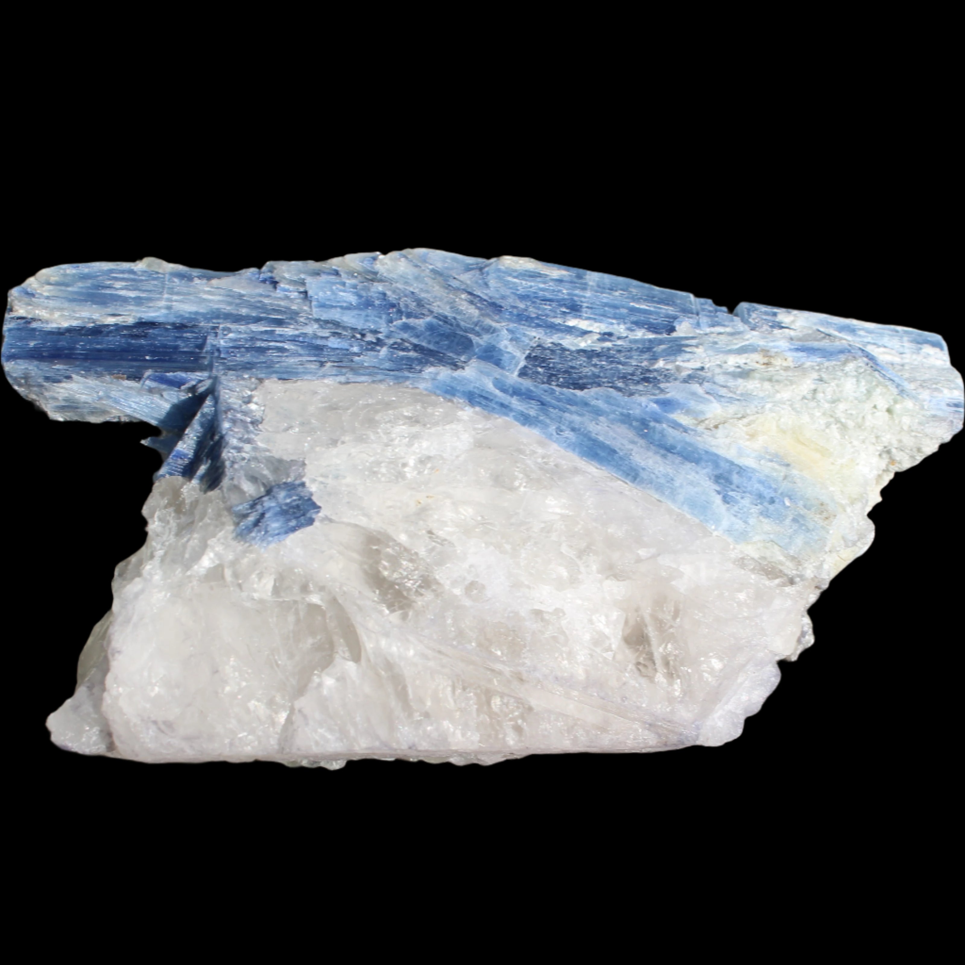 Kyanite blade cluster on clear Quartz 315g in sunlight - Rocks and Things Store