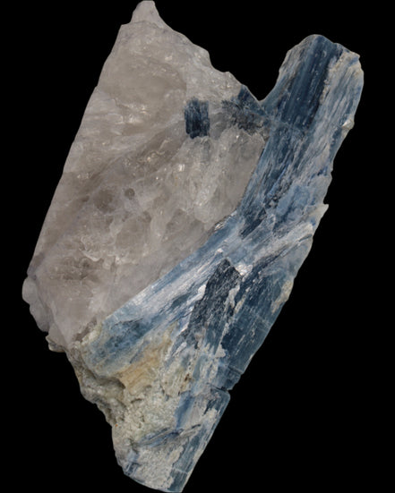 Kyanite blade cluster on clear Quartz 315g in sunlight - Rocks and Things Store