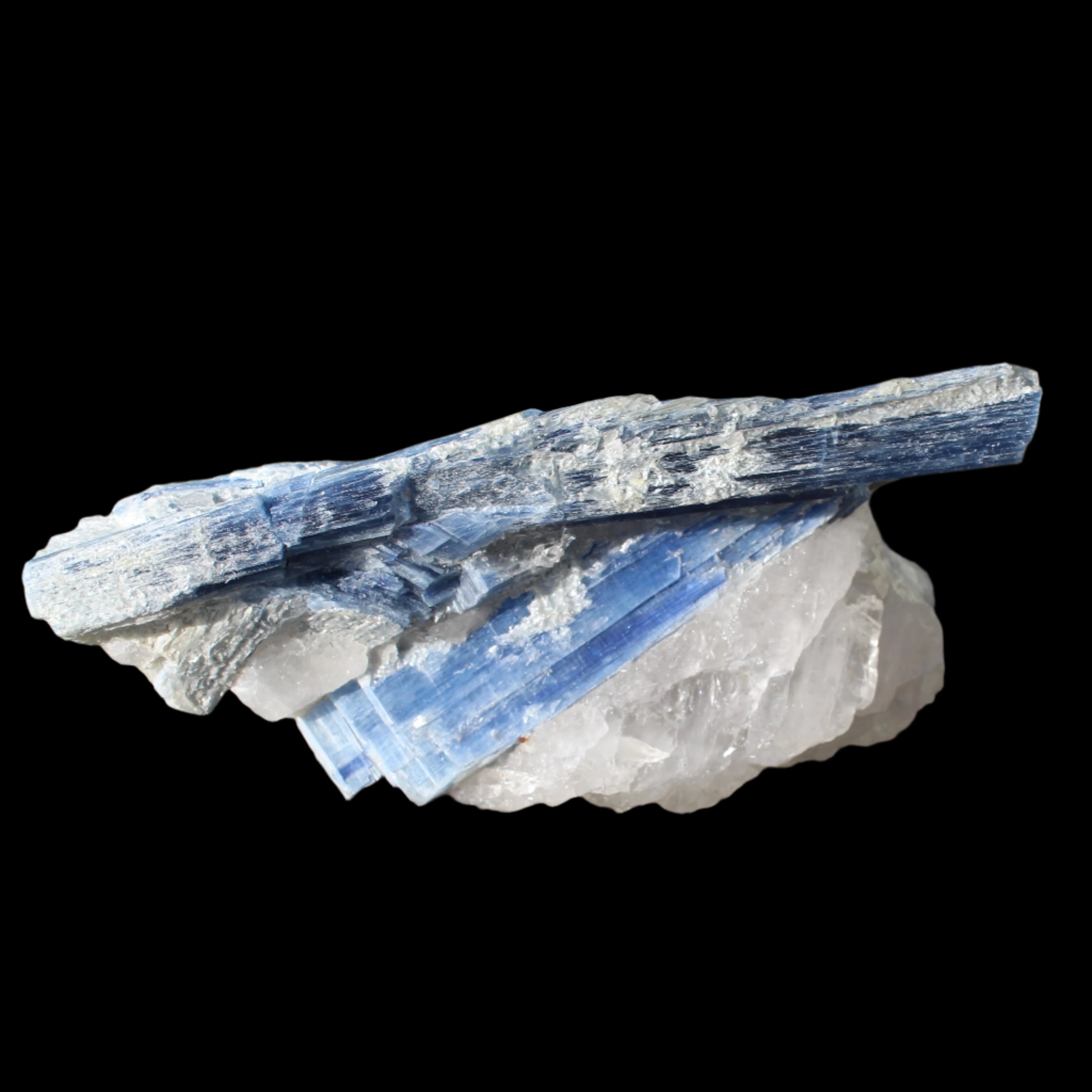 Kyanite blade cluster on clear Quartz 315g in sunlight - Rocks and Things Store