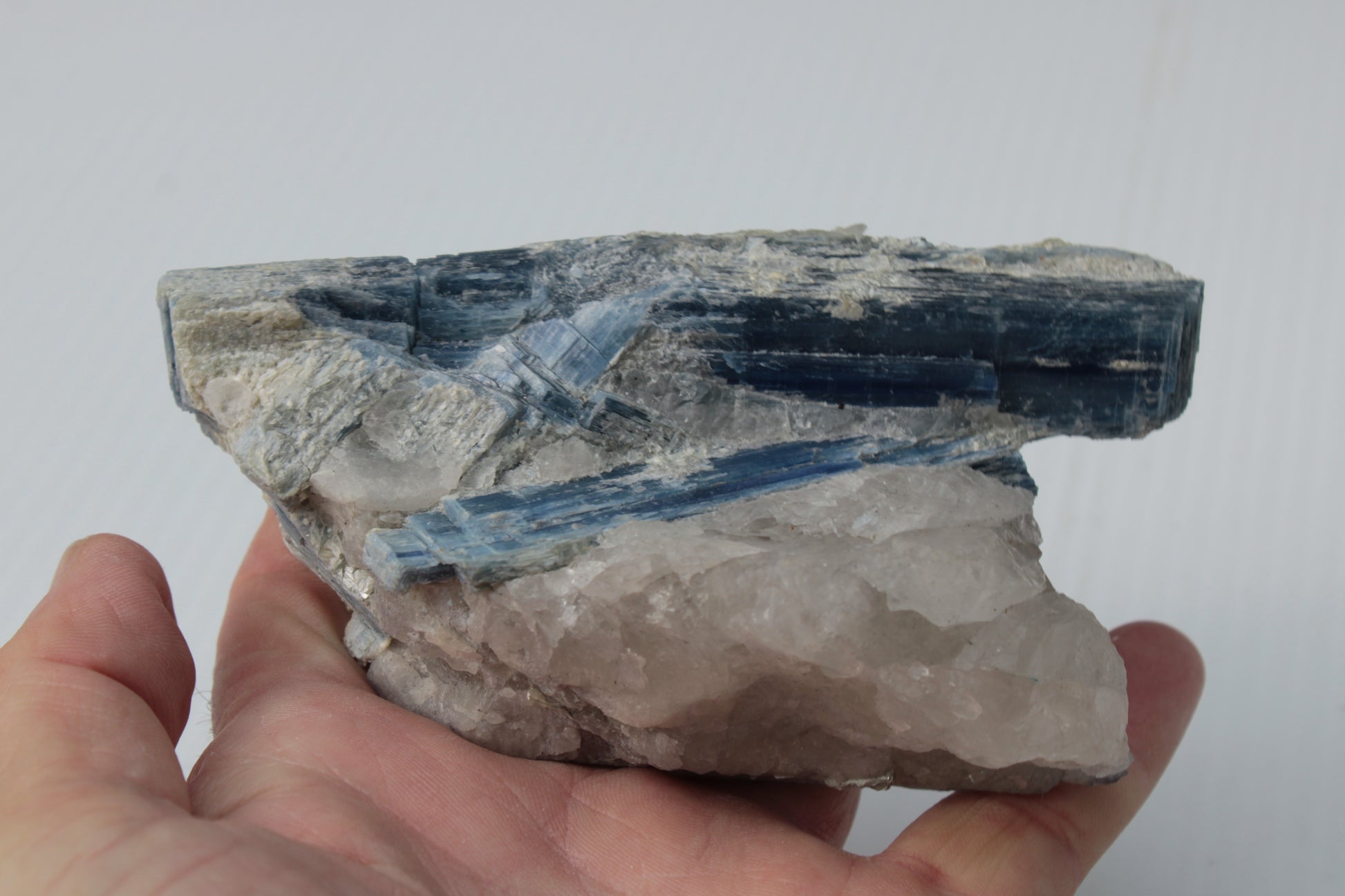 Kyanite blade cluster on clear Quartz 315g Rocks and Things