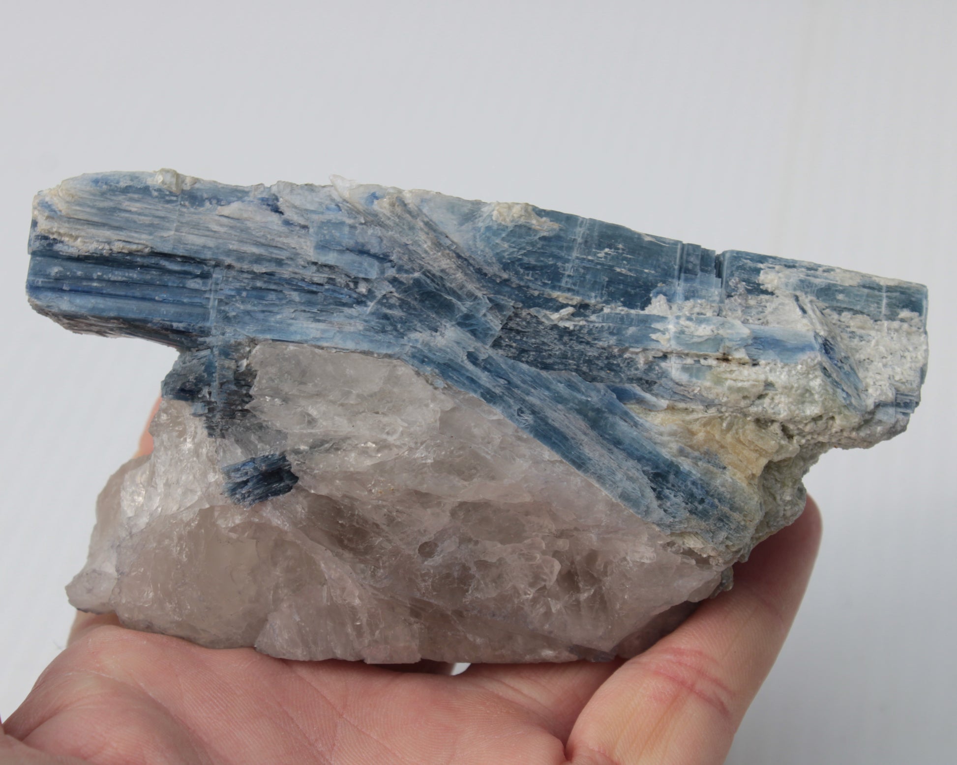 Kyanite blade cluster on clear Quartz 315g Rocks and Things