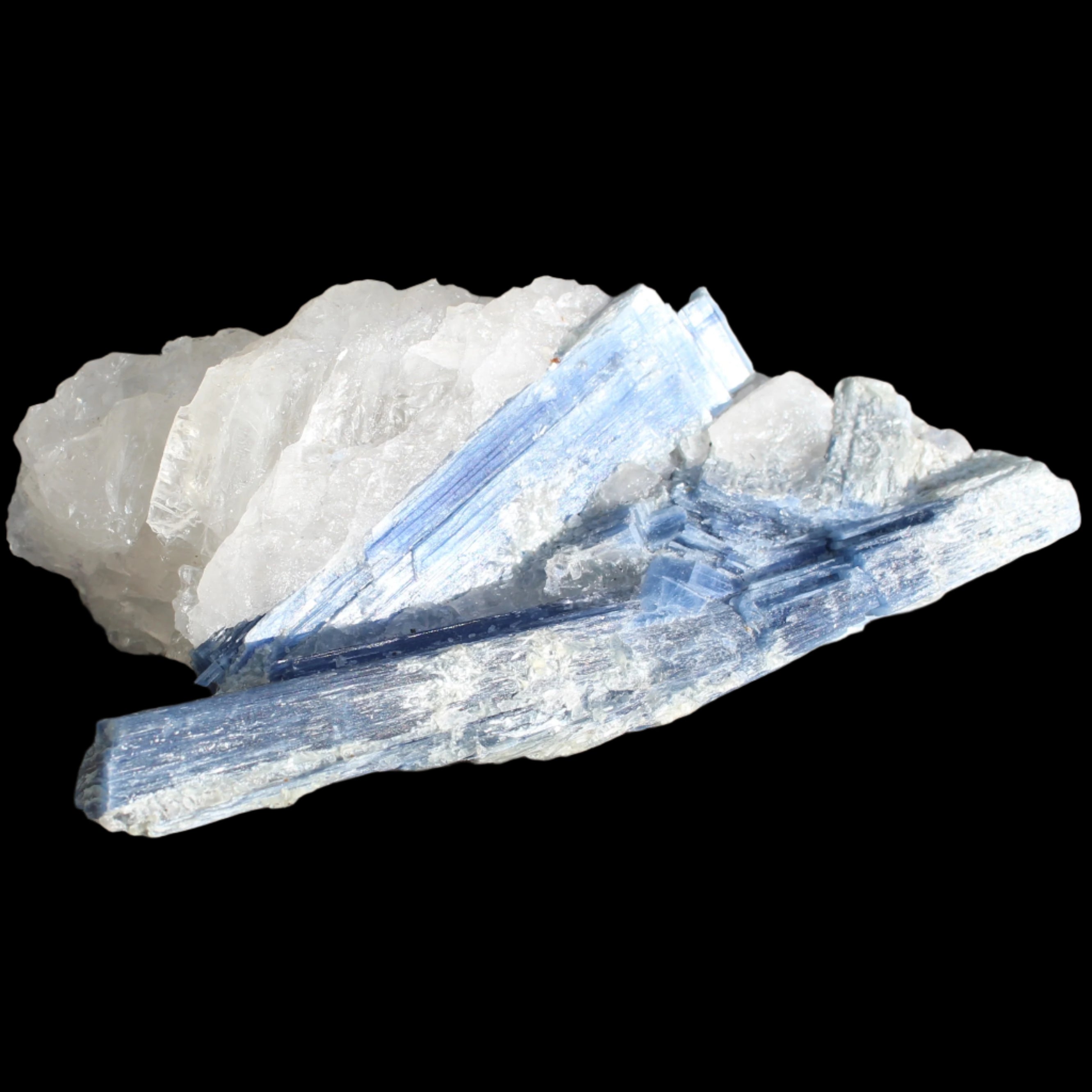 Kyanite blade cluster on clear Quartz 315g in sunlight - Rocks and Things Store