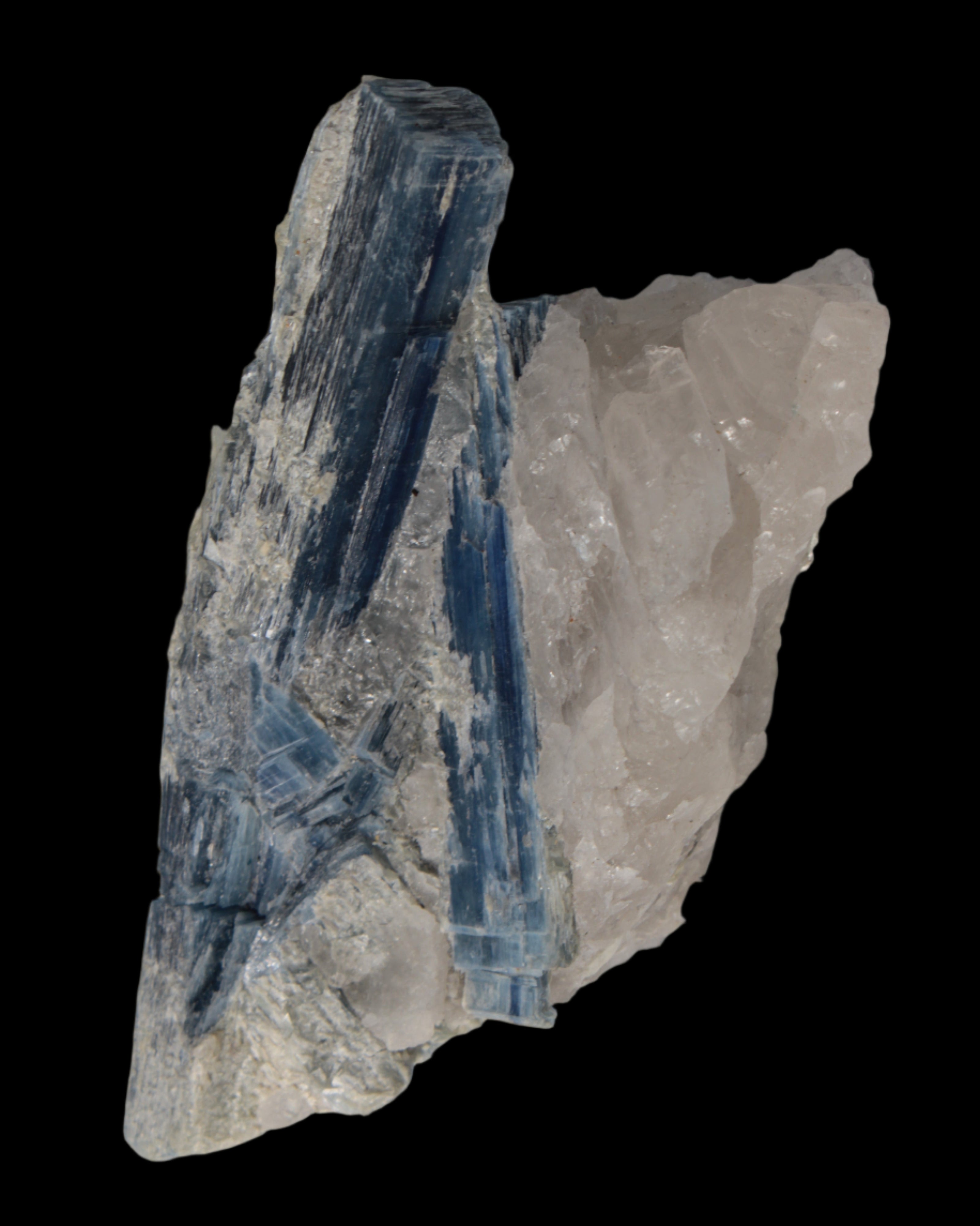 Kyanite blade cluster on clear Quartz 315g in sunlight - Rocks and Things Store