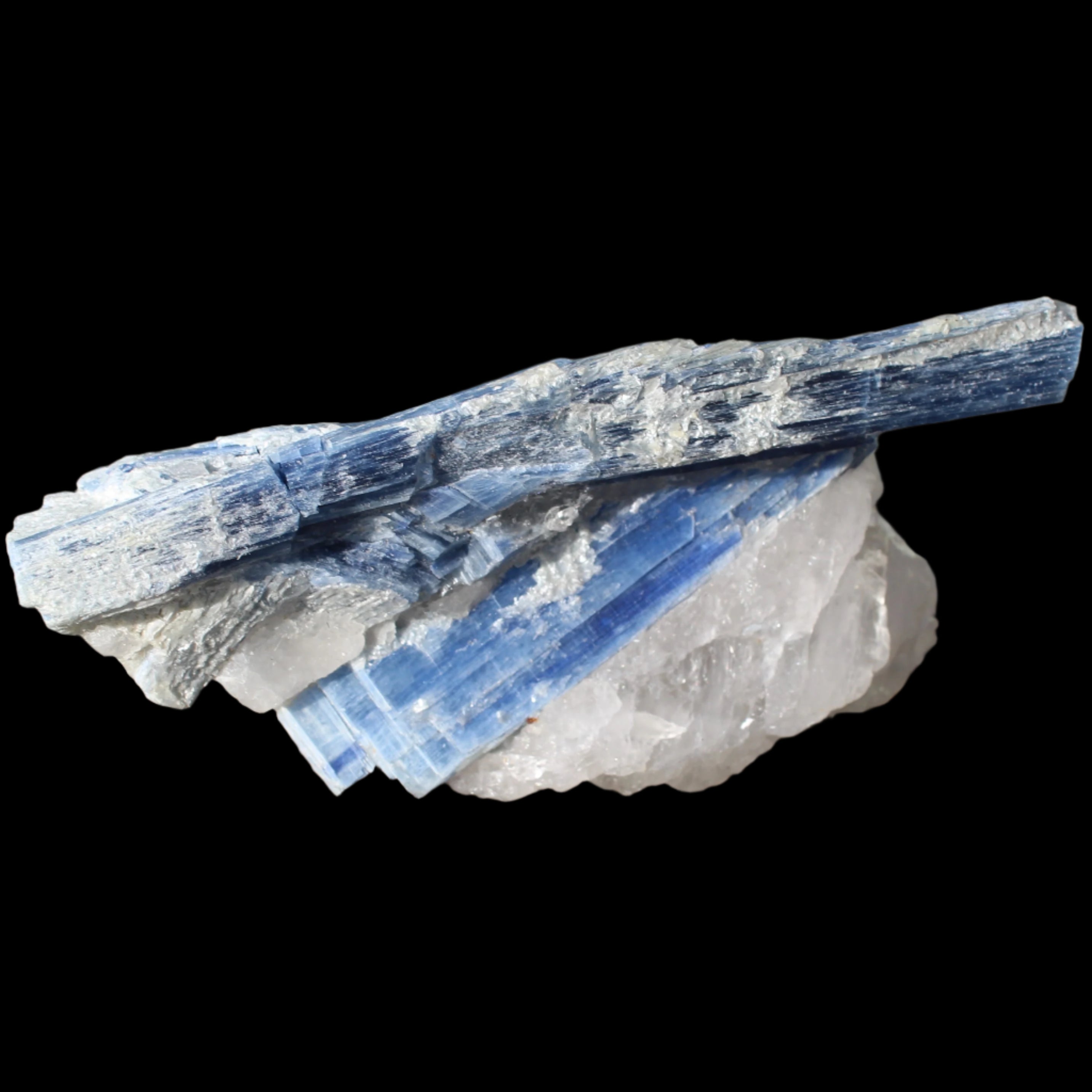 Kyanite blade cluster on clear Quartz 315g in sunlight - Rocks and Things Store