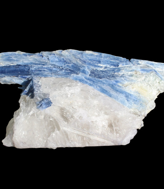 Kyanite blade cluster on clear Quartz 315g in sunlight - Rocks and Things Store