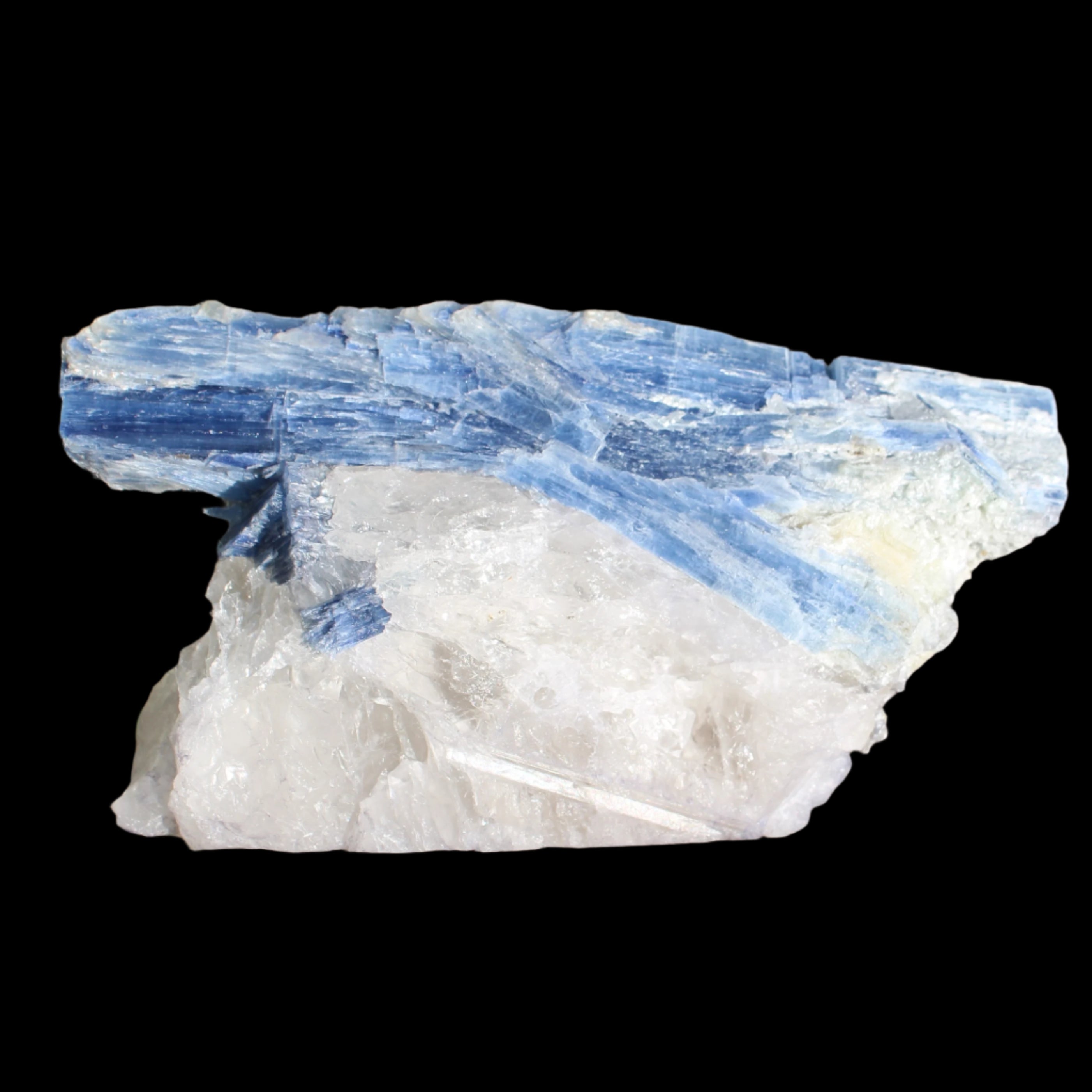 Kyanite blade cluster on clear Quartz 315g in sunlight - Rocks and Things Store