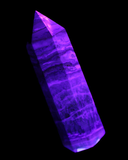 Caribbean Calcite Blue Aragonite wand 71g in UV light - Rocks and Things Store